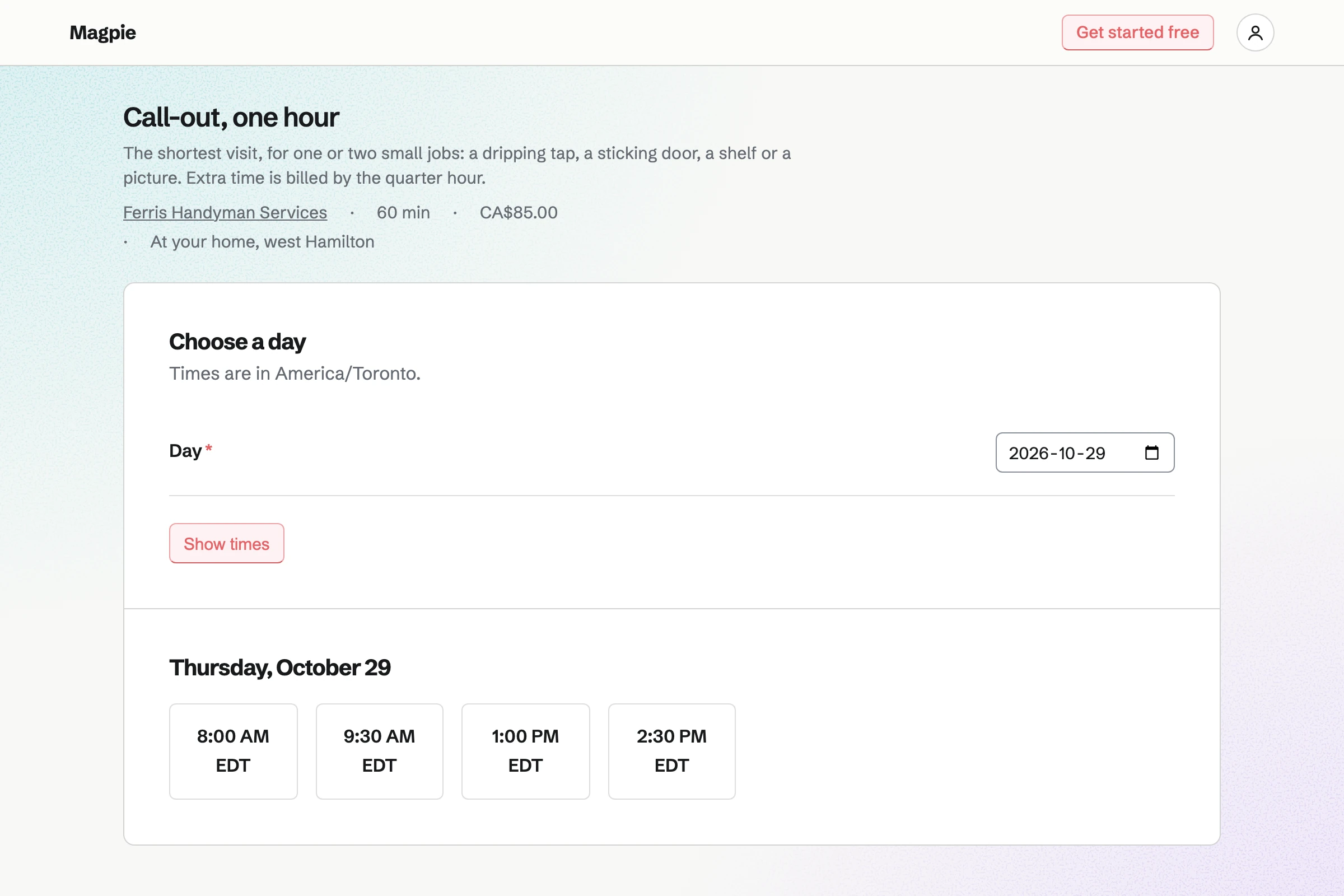 Ferris Handyman Services' booking page for a one-hour call-out at the customer's home: the small jobs it covers, its price, and Tom's free times on Thursday.