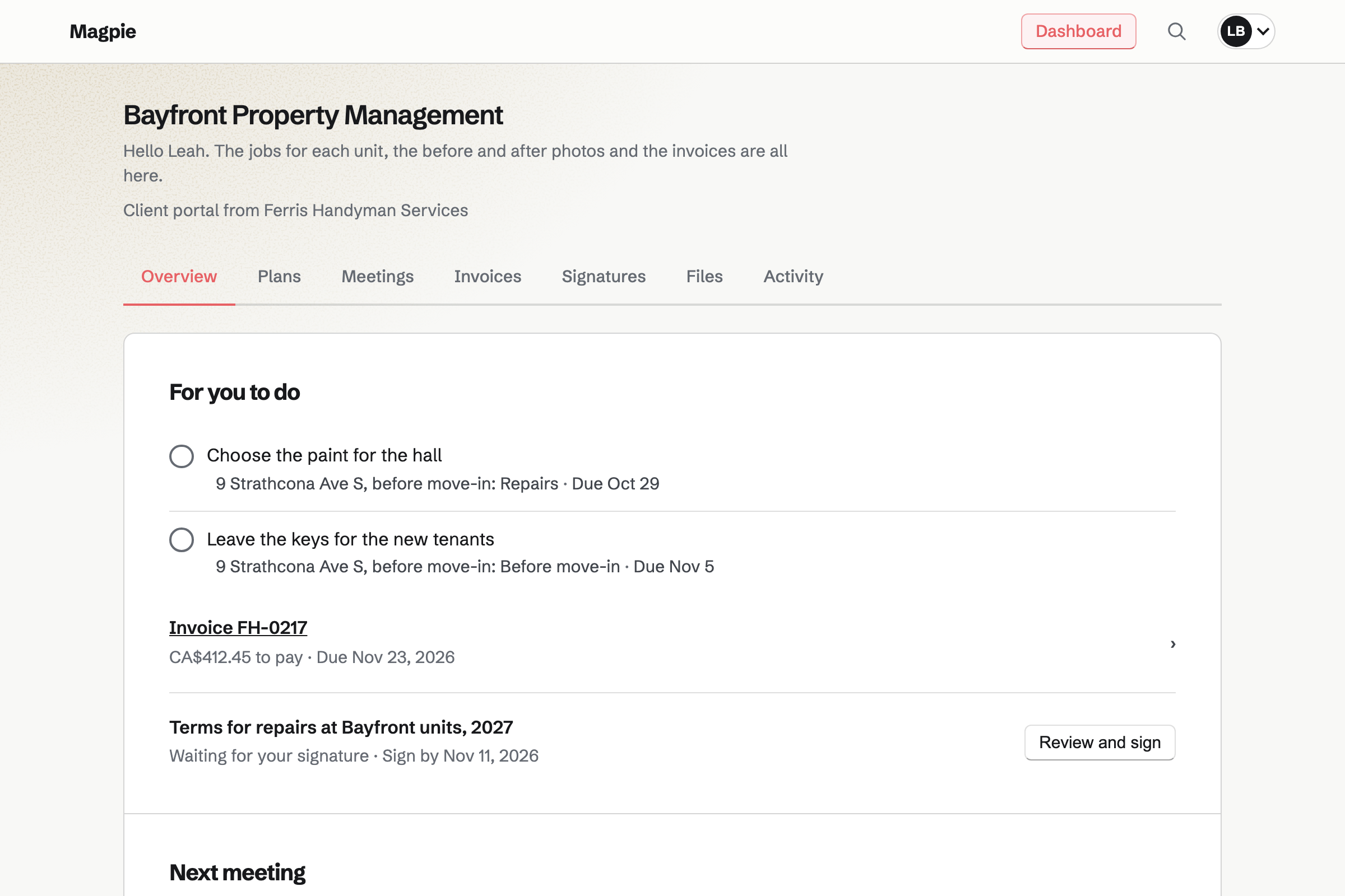 Bayfront Property Management's portal from Ferris Handyman Services: under For you to do, choosing the hall paint and leaving the keys for 9 Strathcona Avenue South, invoice FH-0217 to pay and the year's terms to sign.