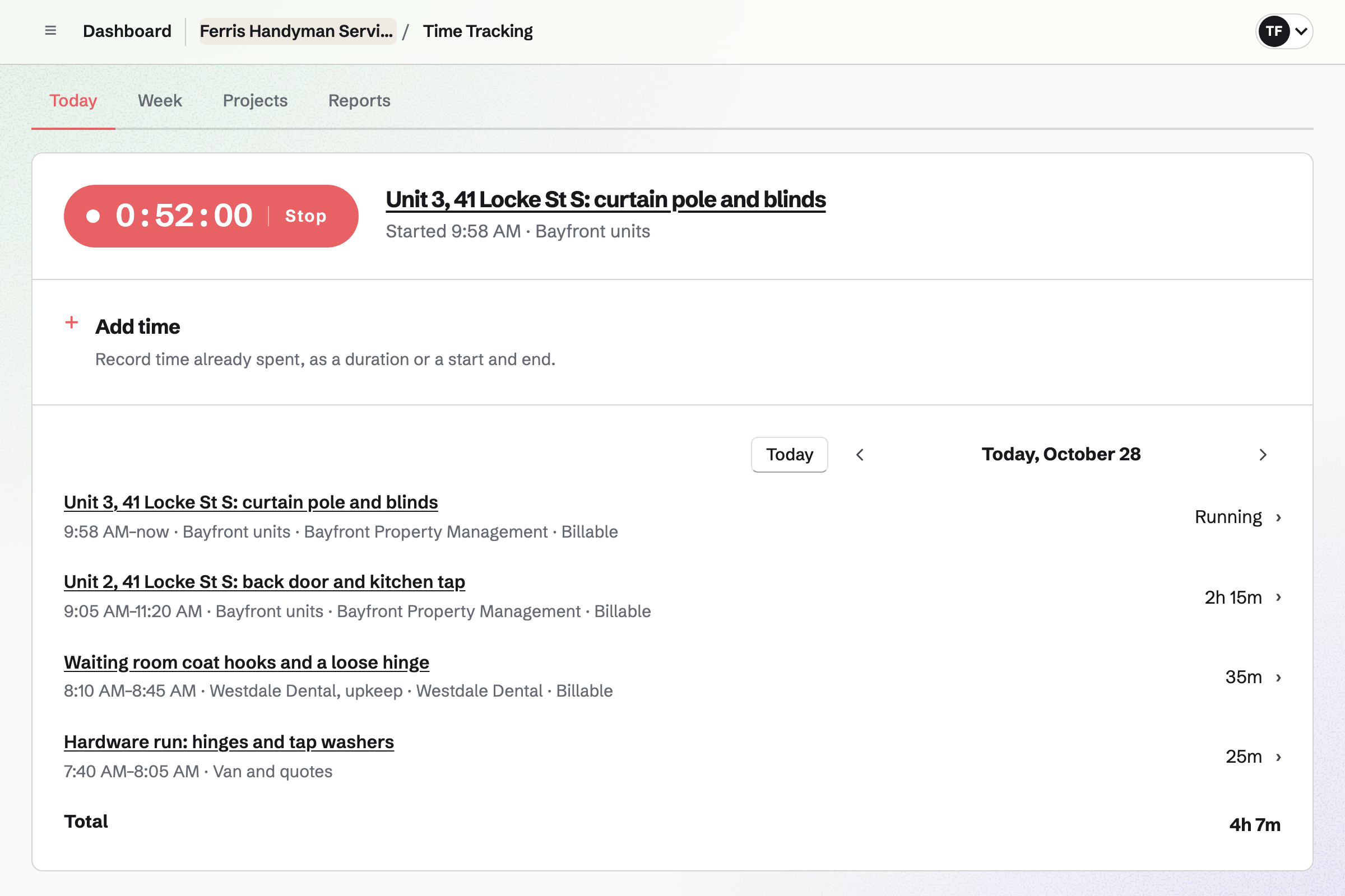 Tom's Today in Time Tracking: the timer running on a curtain pole and blinds in a Bayfront unit, and the morning's billable visits before it, with the hardware run that is not billed.