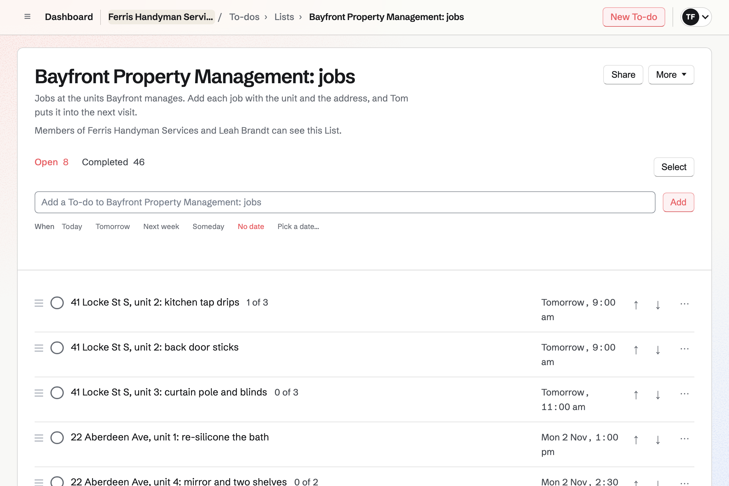 The List of jobs Tom shares with Bayfront Property Management: each unit's small jobs with the day of its visit and a checklist, shared with Leah Brandt, who can edit it.