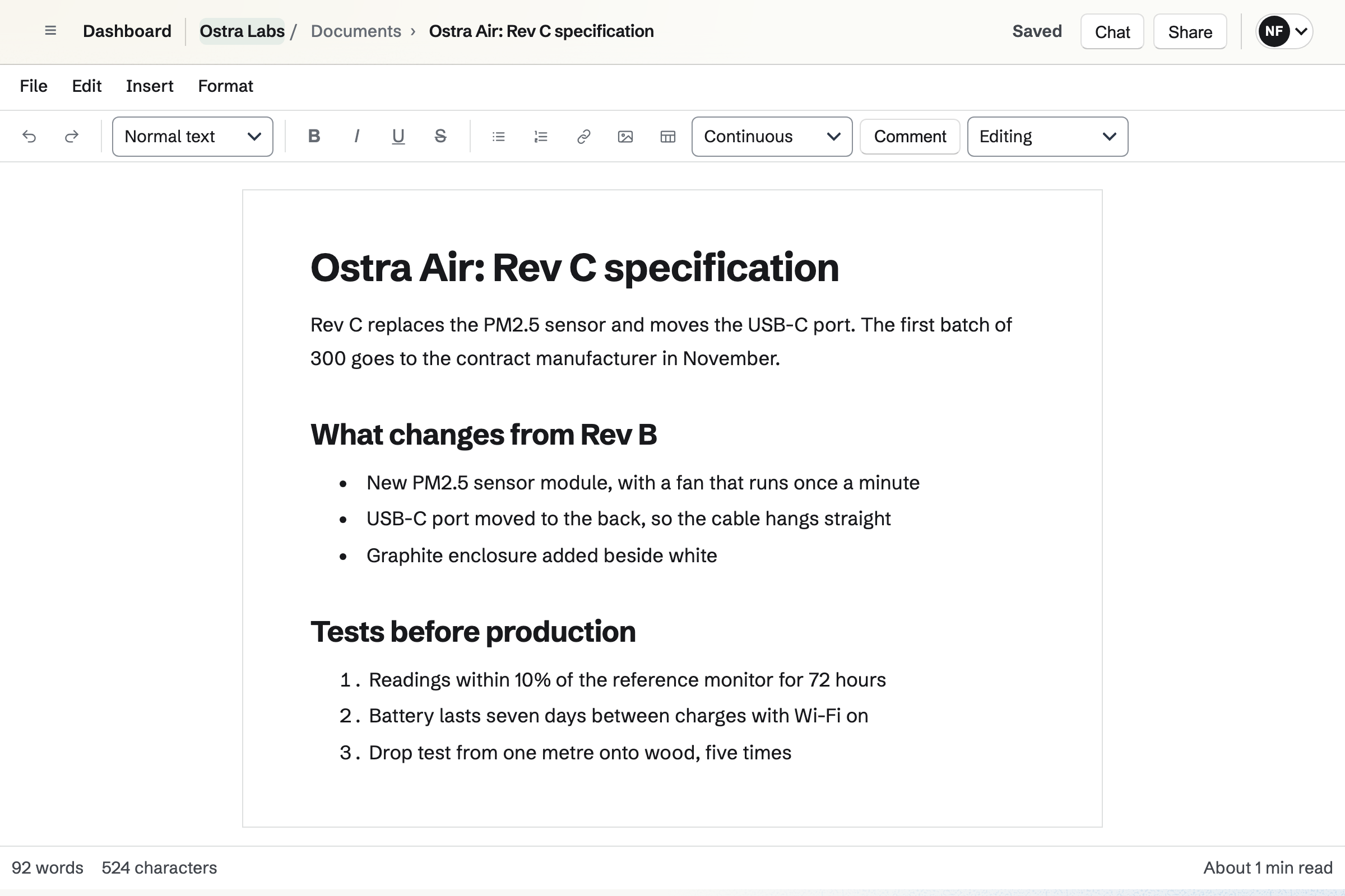 Ostra Labs’ Rev C specification for the Ostra Air in the Documents editor: what changes from Rev B, the parts that change, and the tests before production.