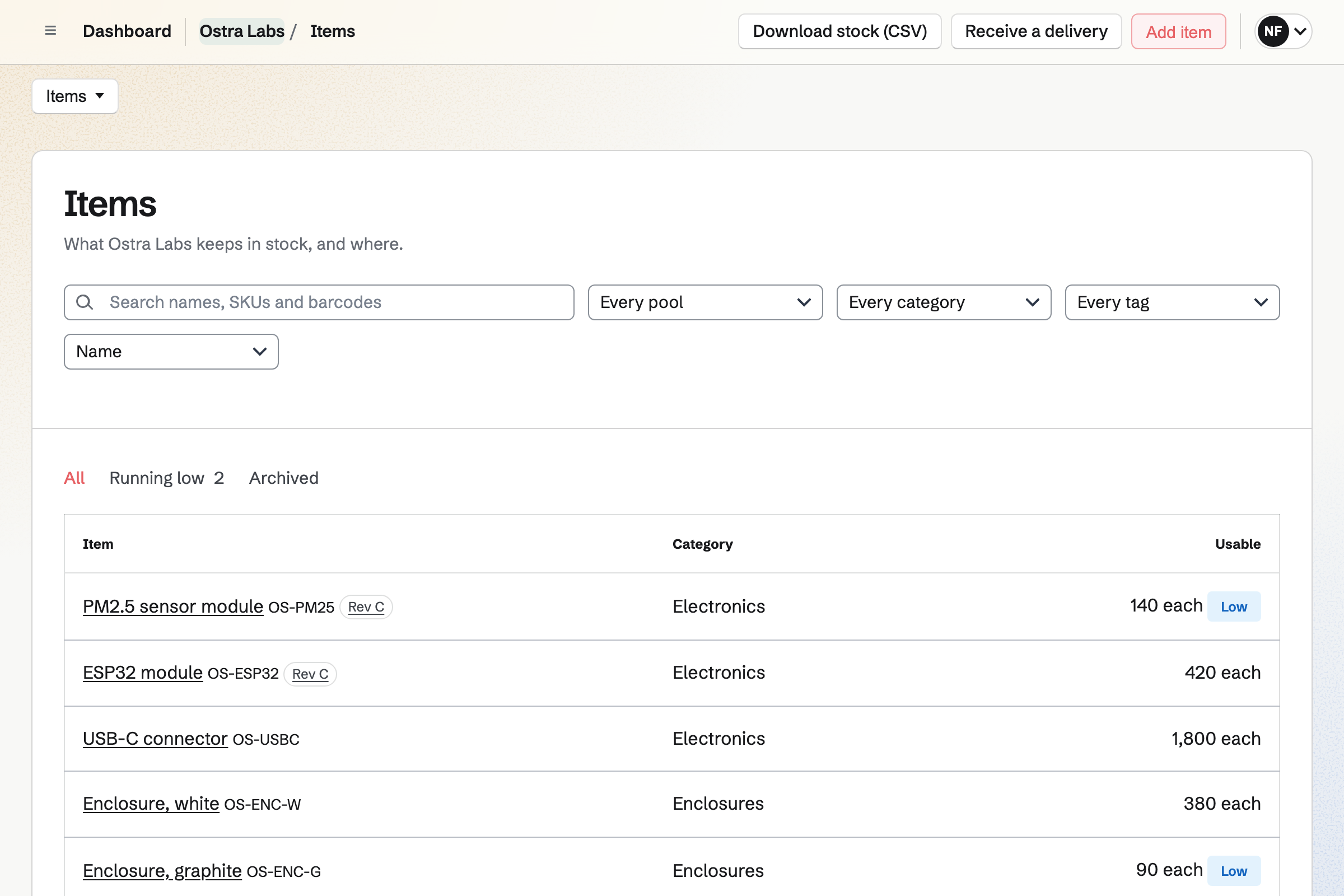 Ostra Labs’ components in Inventory: sensor modules, ESP32 modules, connectors and enclosures with how many are usable, two of them running low.