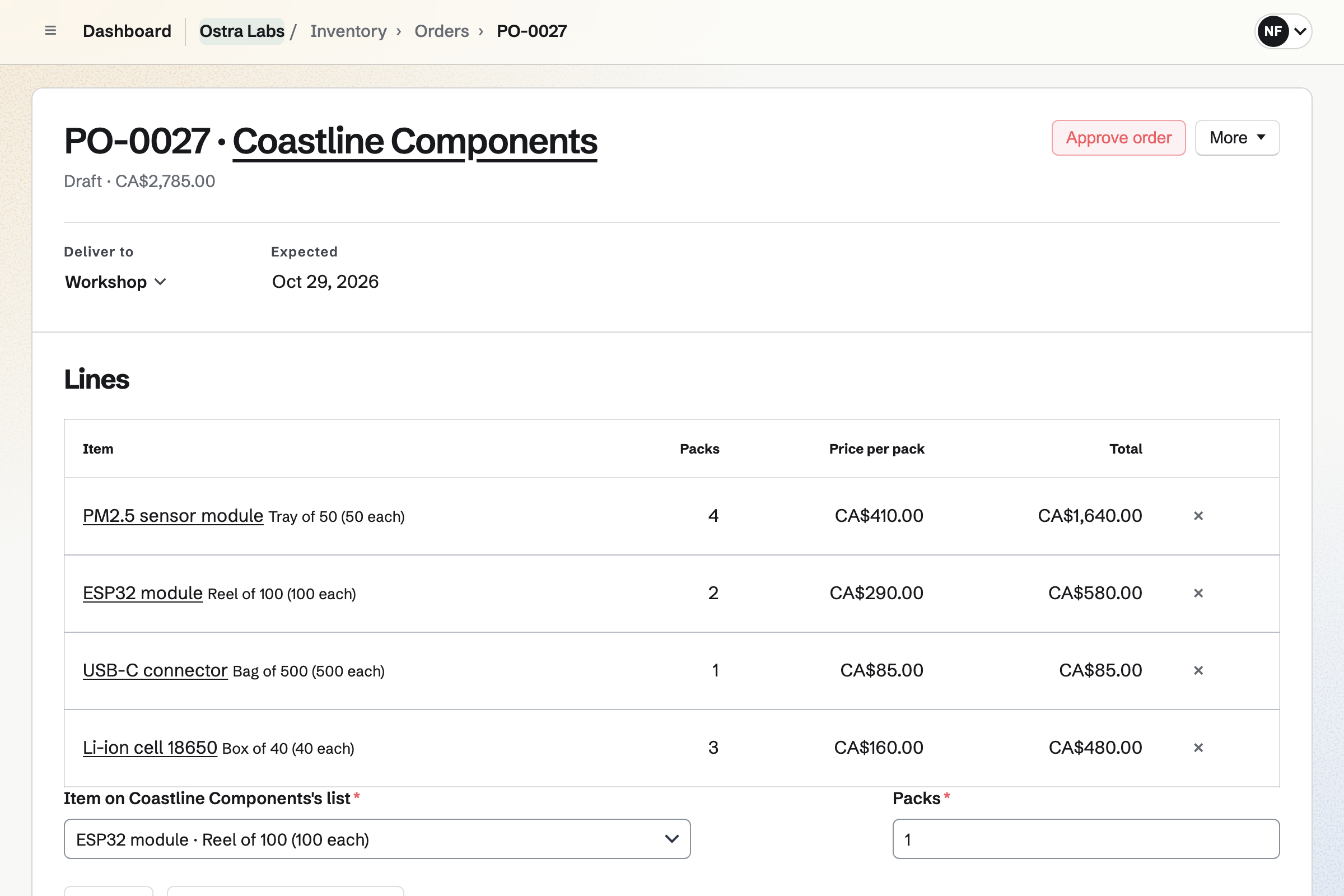 Ostra Labs’ purchase order 27 to Coastline Components in Inventory: sensor modules, ESP32 modules, USB-C connectors and battery cells in the supplier’s packs and prices, for delivery to the workshop.