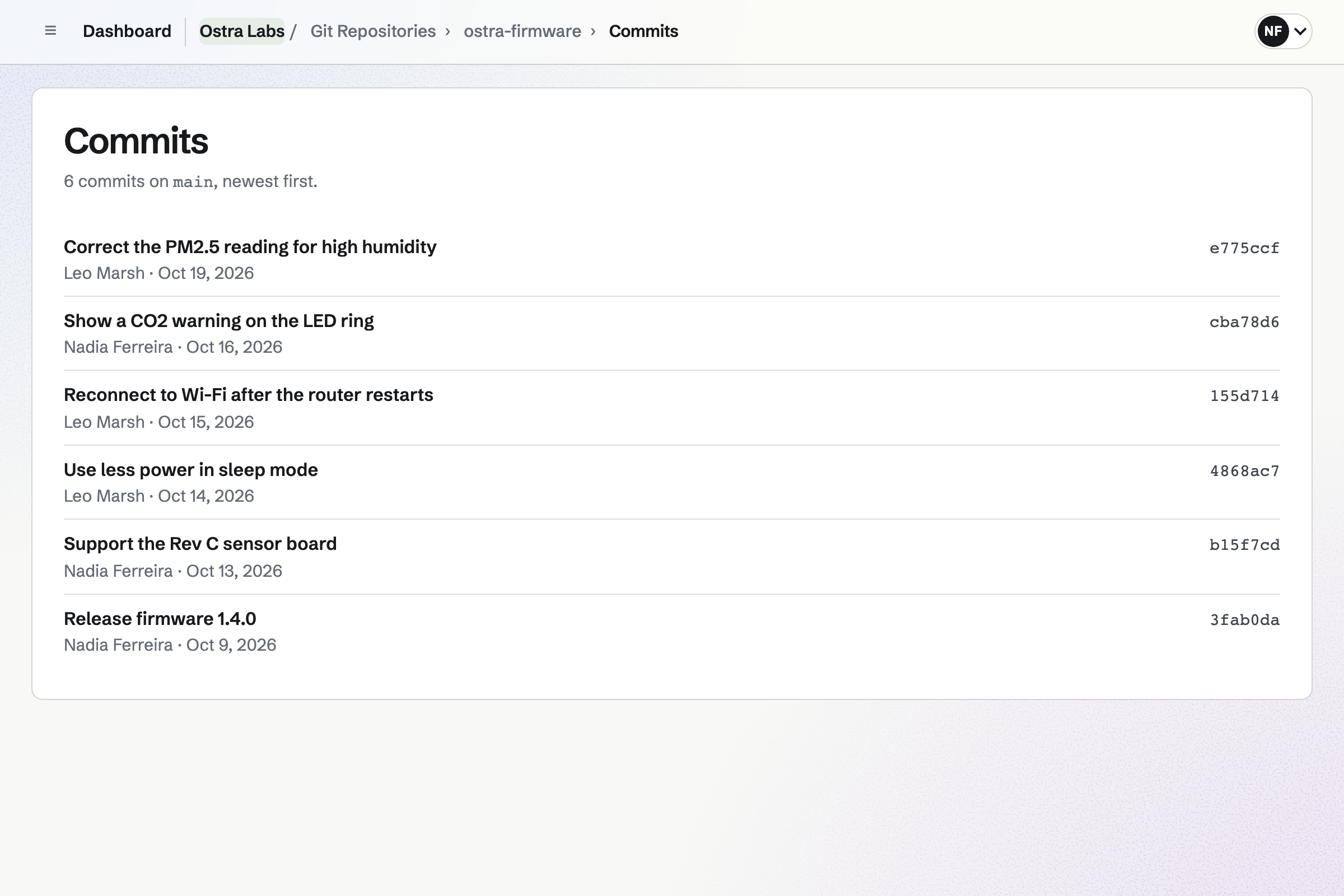 The history of Ostra Labs’ ostra-firmware repository: commits on main, newest first, each with its message, author, date and short ID, from the humidity calibration back to firmware 1.4.0.