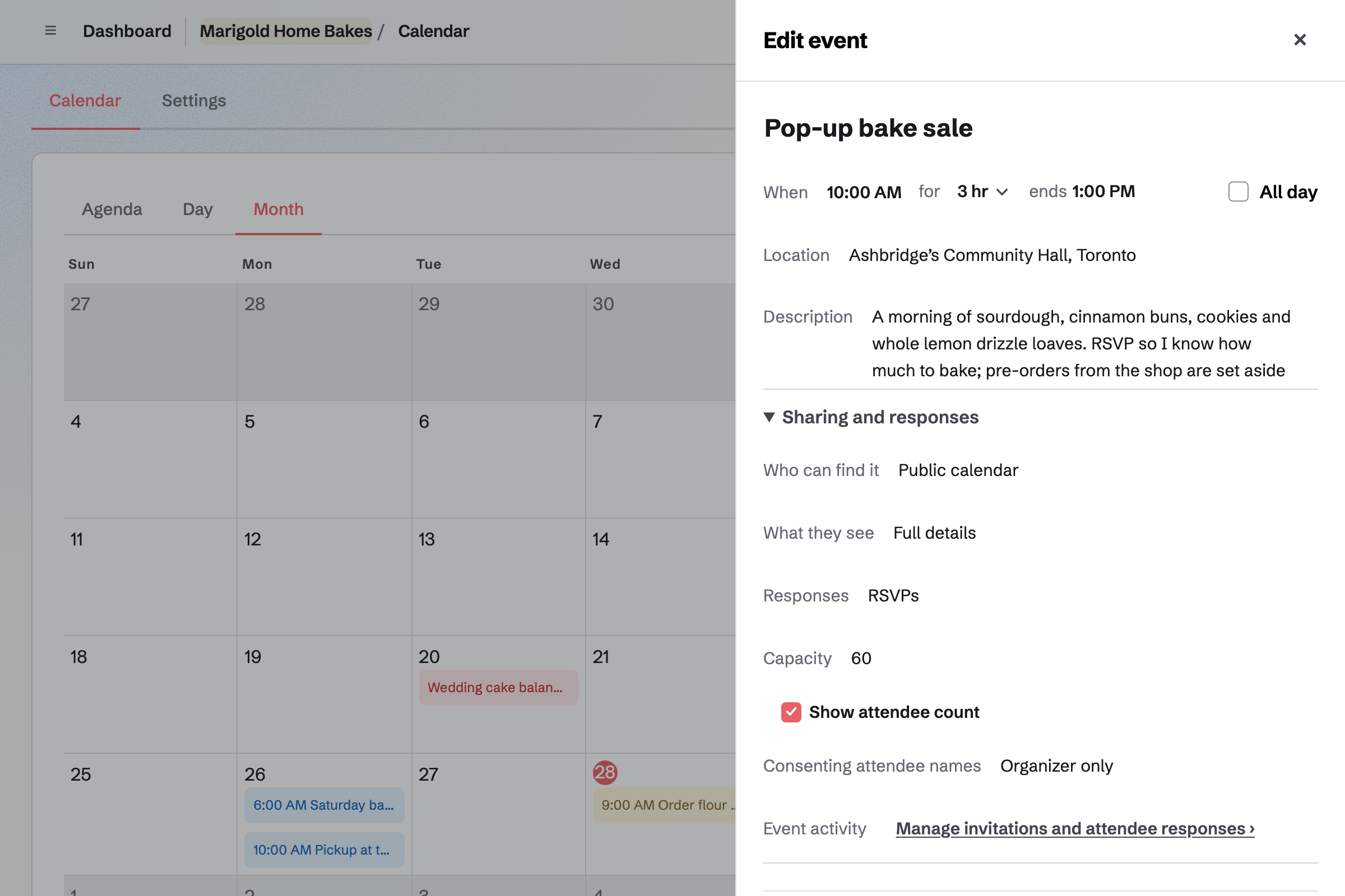 Marigold Home Bakes’ pop-up bake sale in the new event drawer: on the public calendar with RSVPs up to 60 and the count shown, beside the month with the Saturday bakes, the pickup window, the farmers market and the wedding cake balance due.