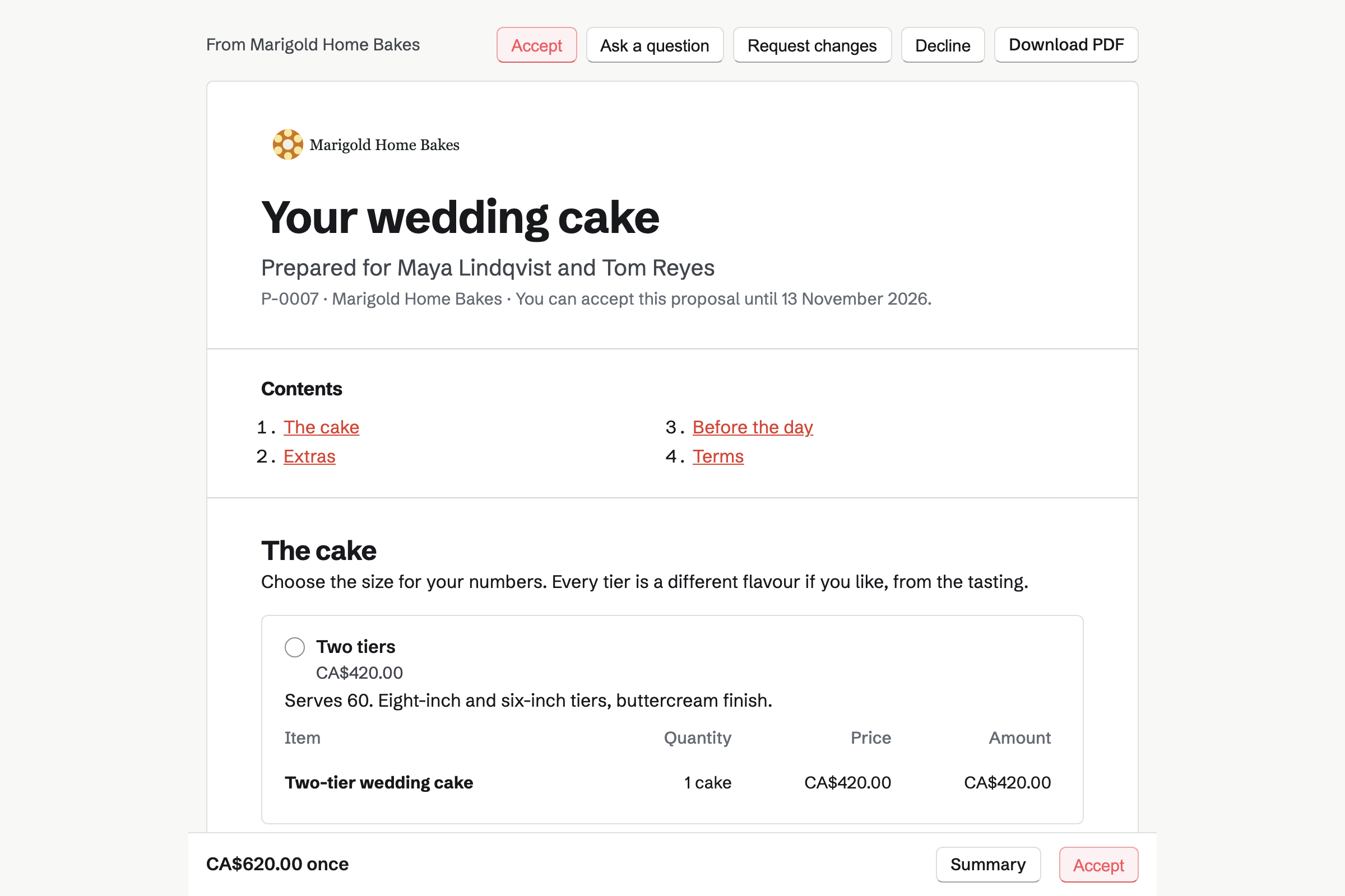 Maya Lindqvist’s proposal page from Marigold Home Bakes for a wedding cake in June: the cover, the two-, three- and four-tier cakes to choose from, sugar flowers and a dessert table as extras, and the total in a bar at the foot of the screen.