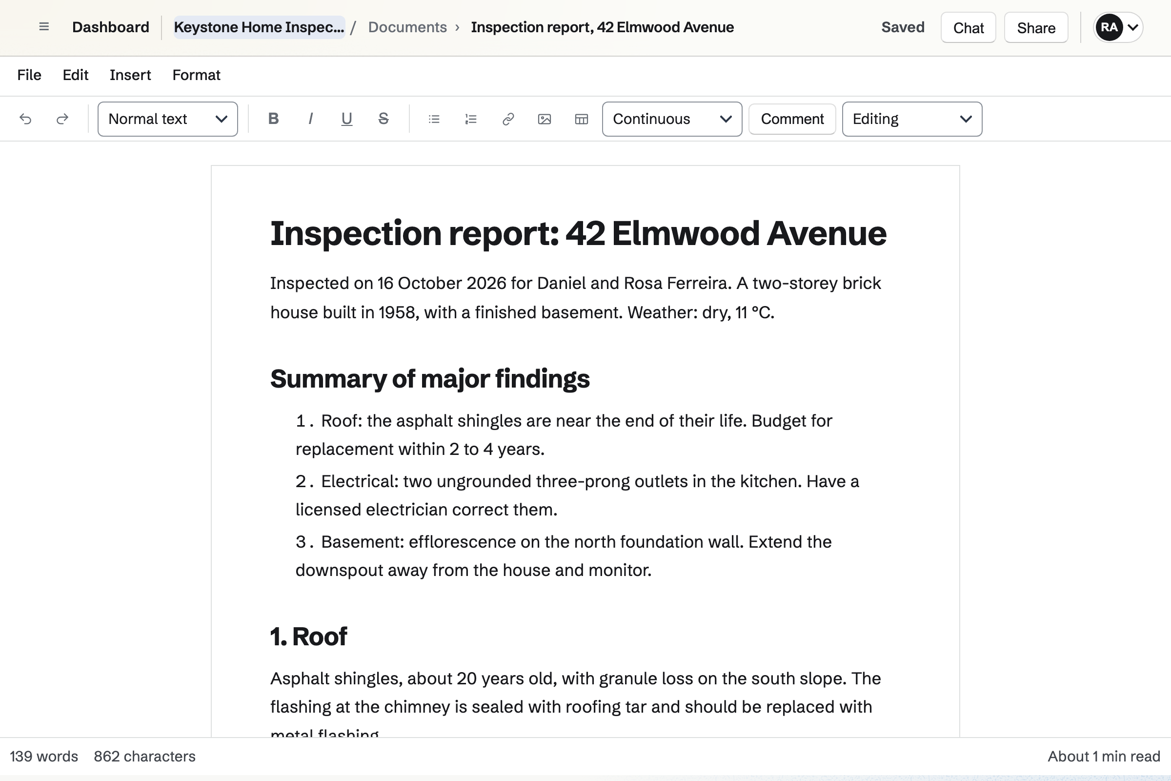 Keystone Home Inspections’ report for 42 Elmwood Avenue in the document editor: the summary of major findings, then the roof and the electrical sections, each finding with what to do about it.