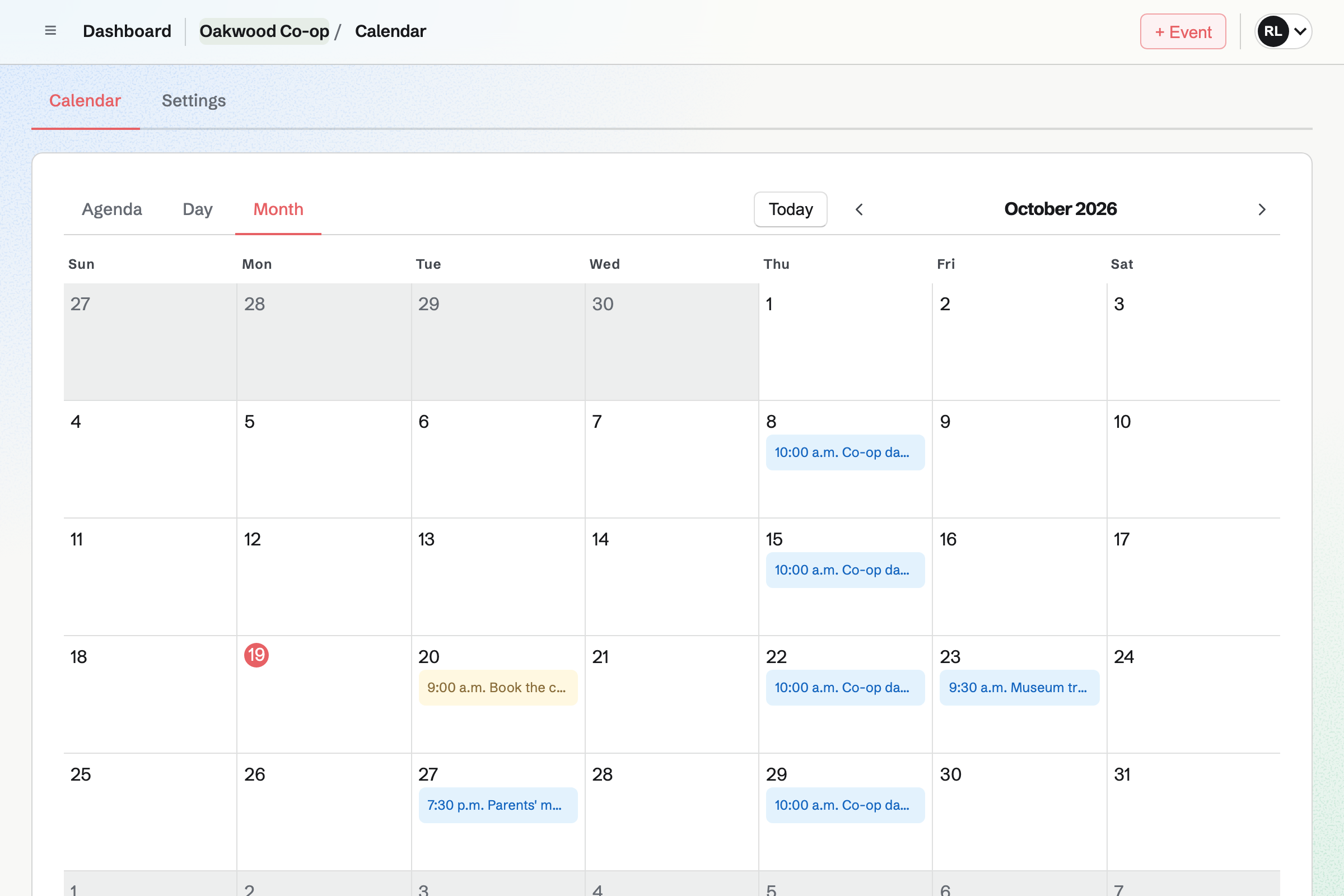 The Oakwood Co-op Calendar for October: co-op days, a science day, a museum trip, a parents’ meeting and To-dos such as booking the coach.