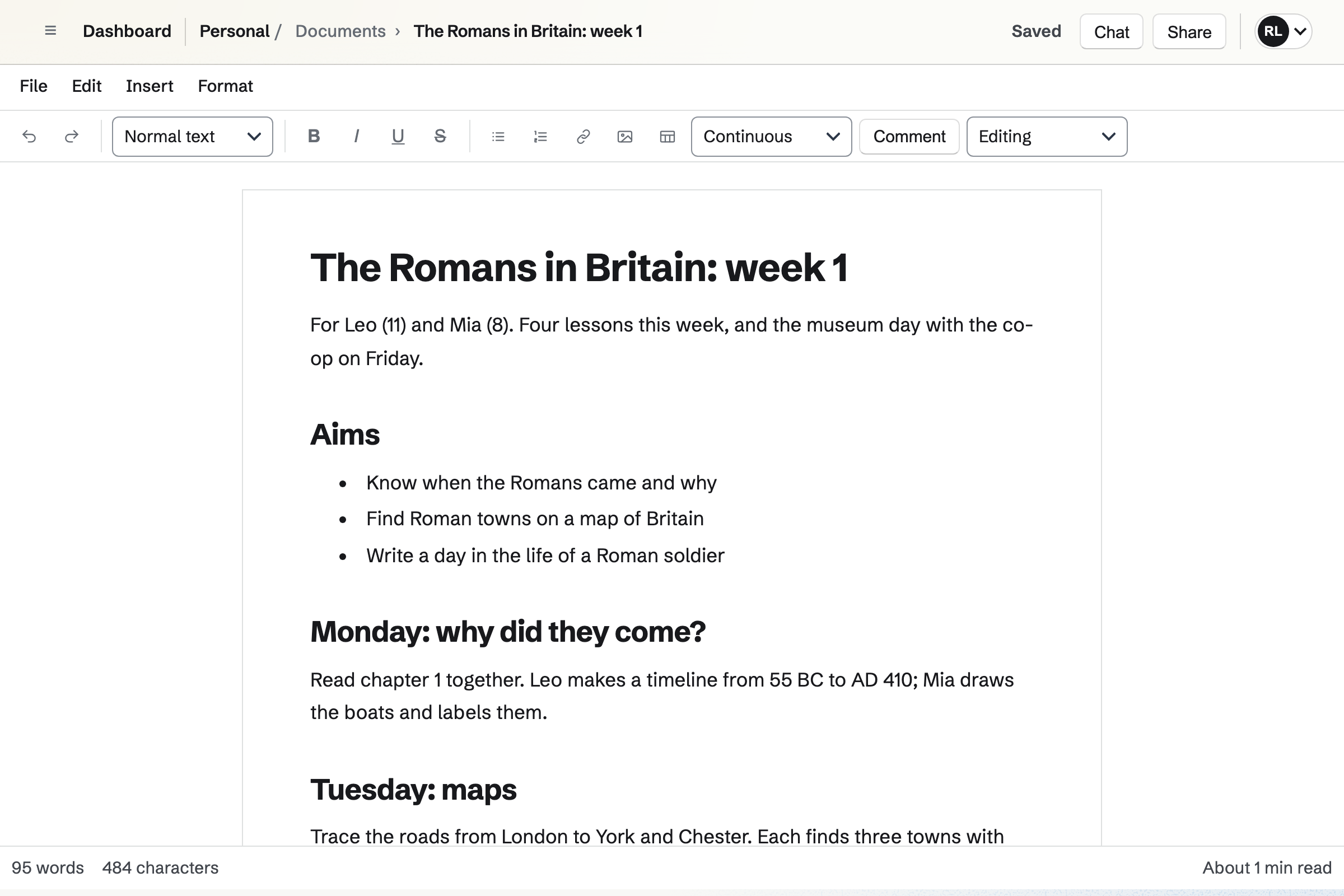 Rebecca’s lesson plan open in Documents: the topic and the week’s aims, then the first lessons with what the children will do.