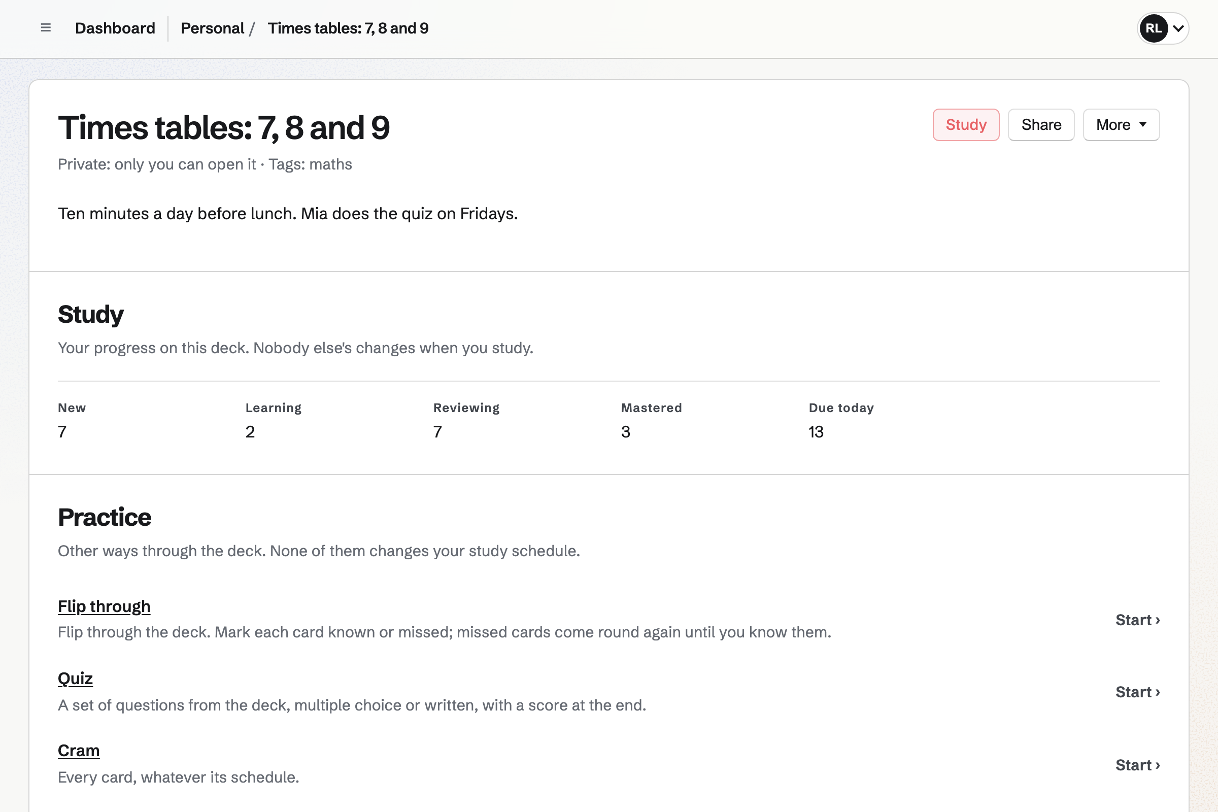 A times tables deck in Flashcards: its description, the study progress with cards due today, and the ways to practise it: study, flip through, a quiz or cram.