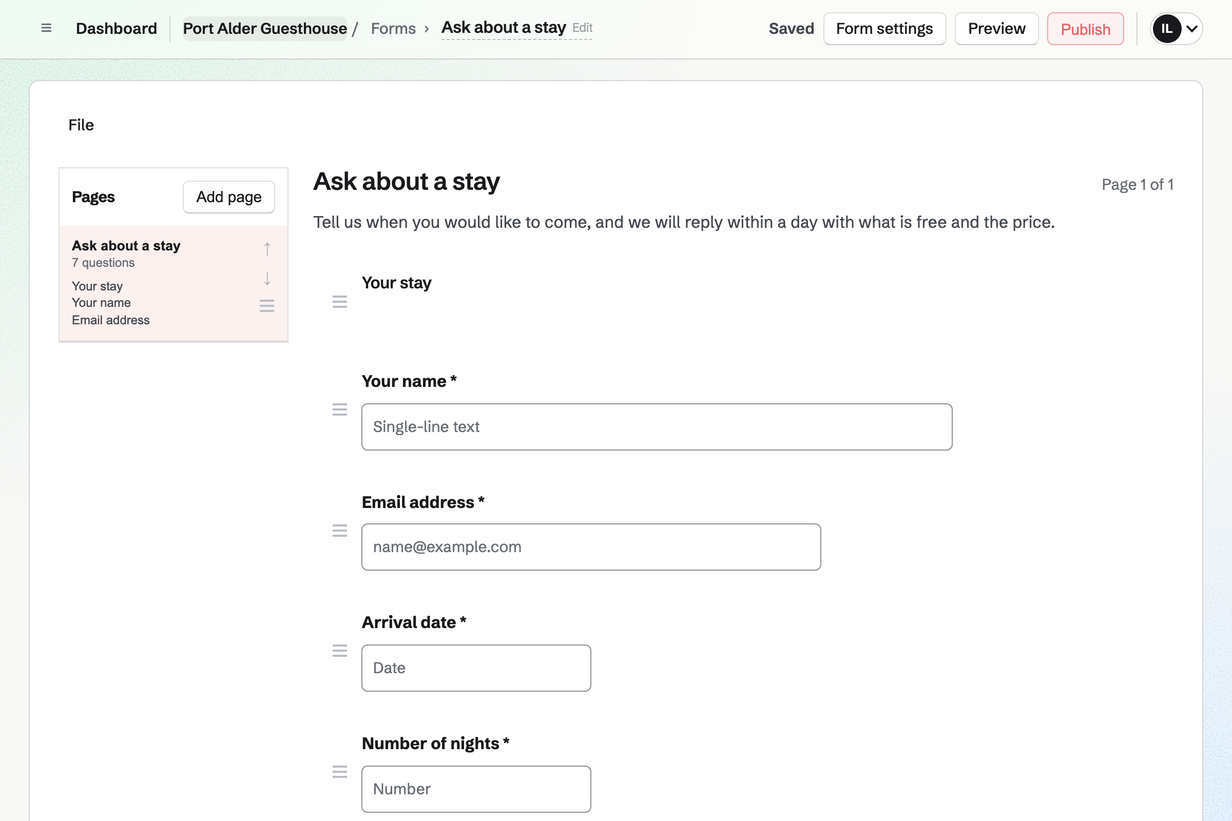 The Form builder with Port Alder Guesthouse’s stay request form: a short welcome, then questions for a name, an email, the arrival date and the number of nights.