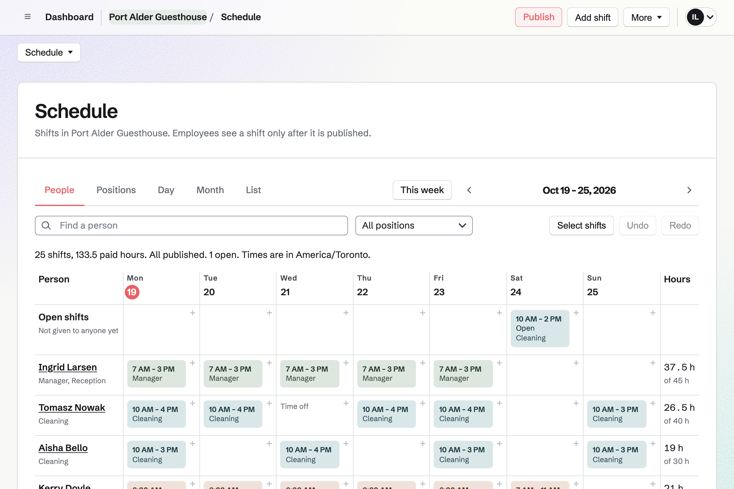 Port Alder Guesthouse’s rota for the week in Staff Scheduling: each person’s manager, cleaning and other shifts with their hours, time off marked, and an open Saturday cleaning shift.