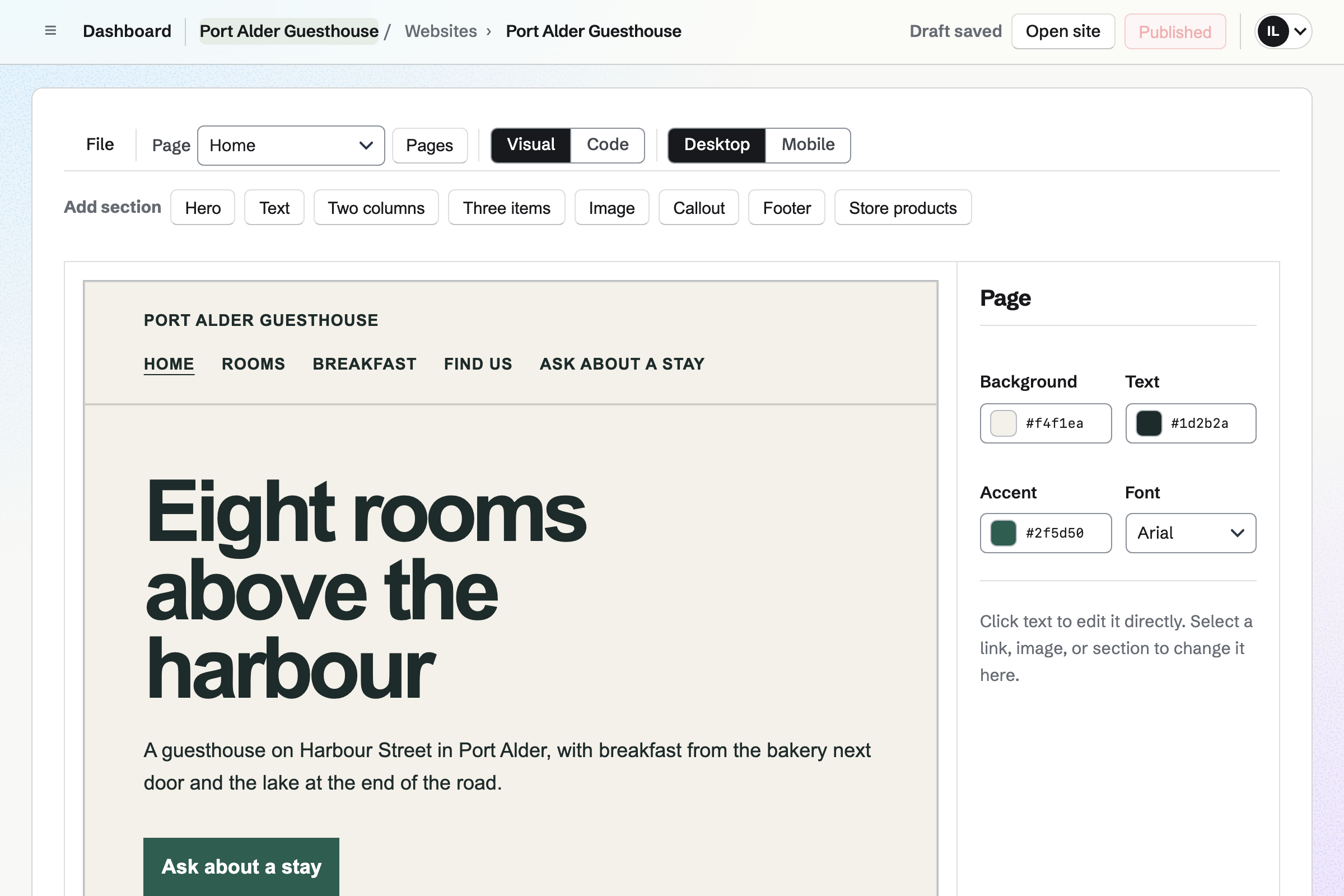 Port Alder Guesthouse’s website open in the Websites editor in Visual mode: the Home page with a welcome and an Ask about a stay button under the site’s header, the sections to add, and the Page inspector with the site’s colours.