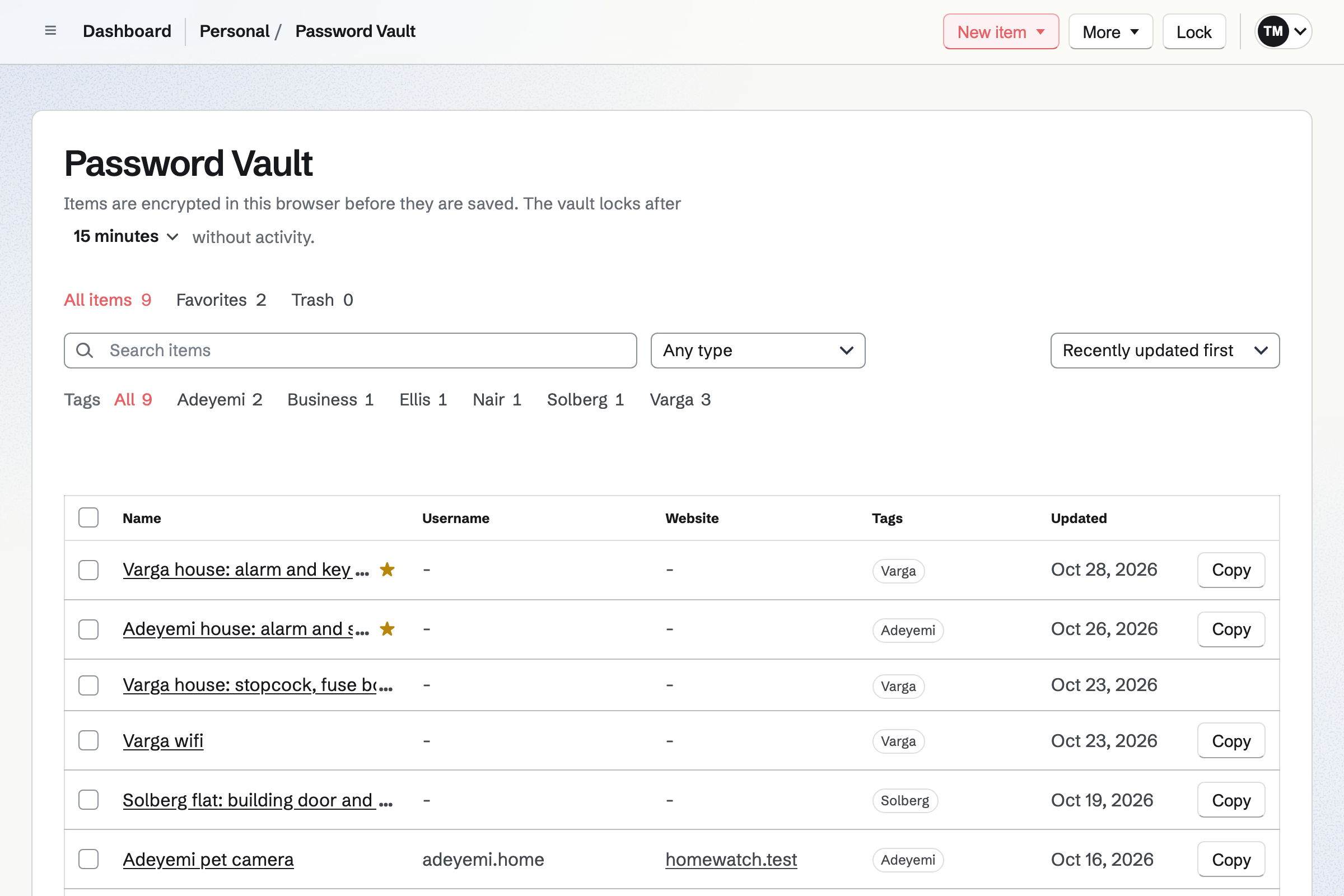 Tessa’s Password Vault: each household’s alarm code and key safe code, a building’s door code and two homes’ wifi, tagged by family name, with every code hidden.