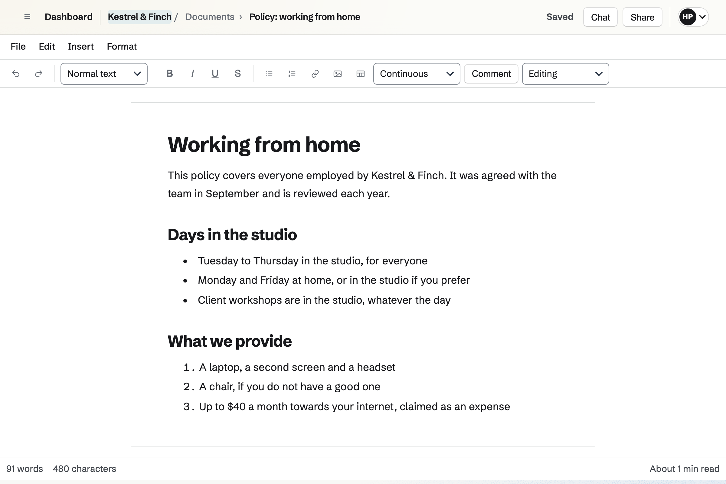 Kestrel & Finch’s working from home policy in the Documents editor: who it is for, the days in the studio and the equipment the company provides.