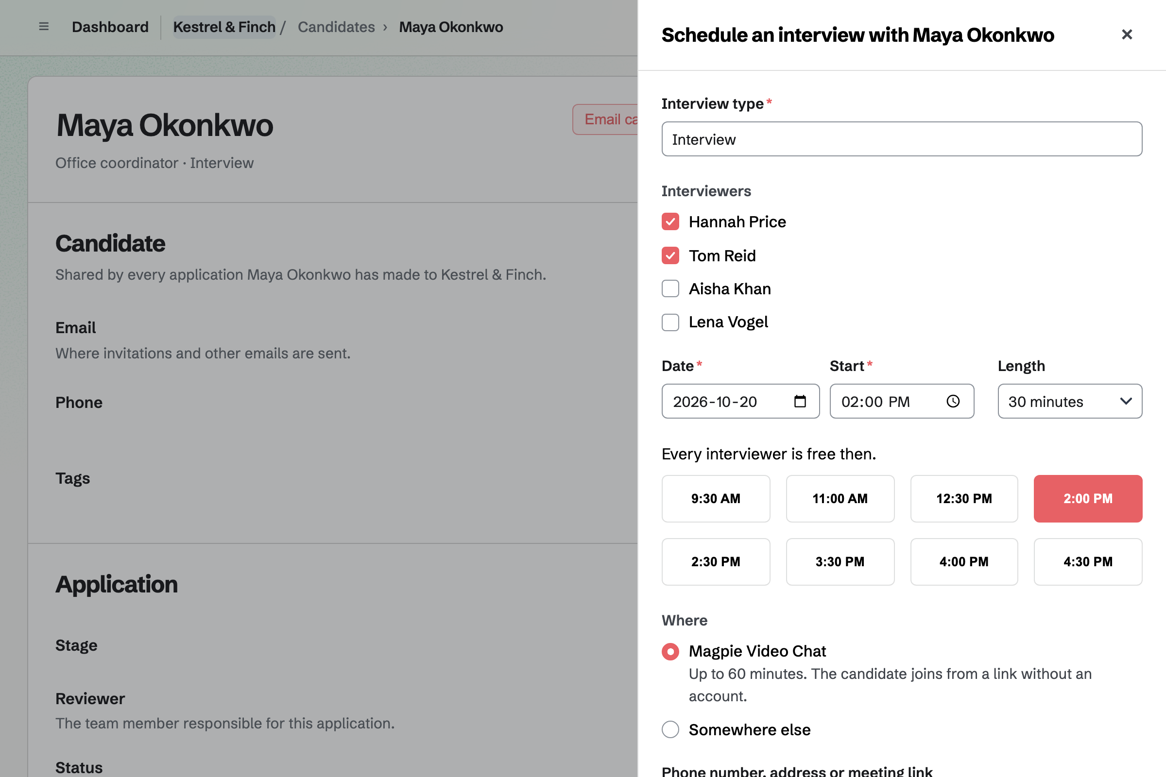 Scheduling Kestrel & Finch’s interview for the office coordinator role with a candidate: the interviewers, the start times when they are all free, and a video link.