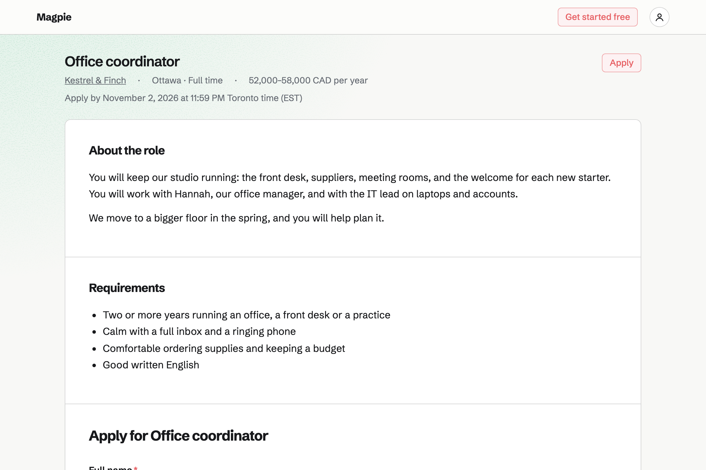 Kestrel & Finch’s job page for an office coordinator: the role’s facts and salary, the closing date and Apply, then the work and what the role needs.
