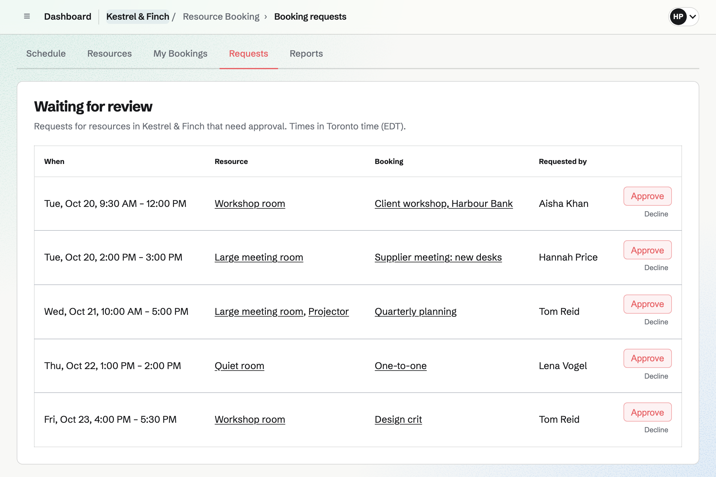 Kestrel & Finch’s room booking requests waiting for review: the large meeting room, the workshop room and the quiet room, each with its time, purpose, the person who asked, Approve and Decline.