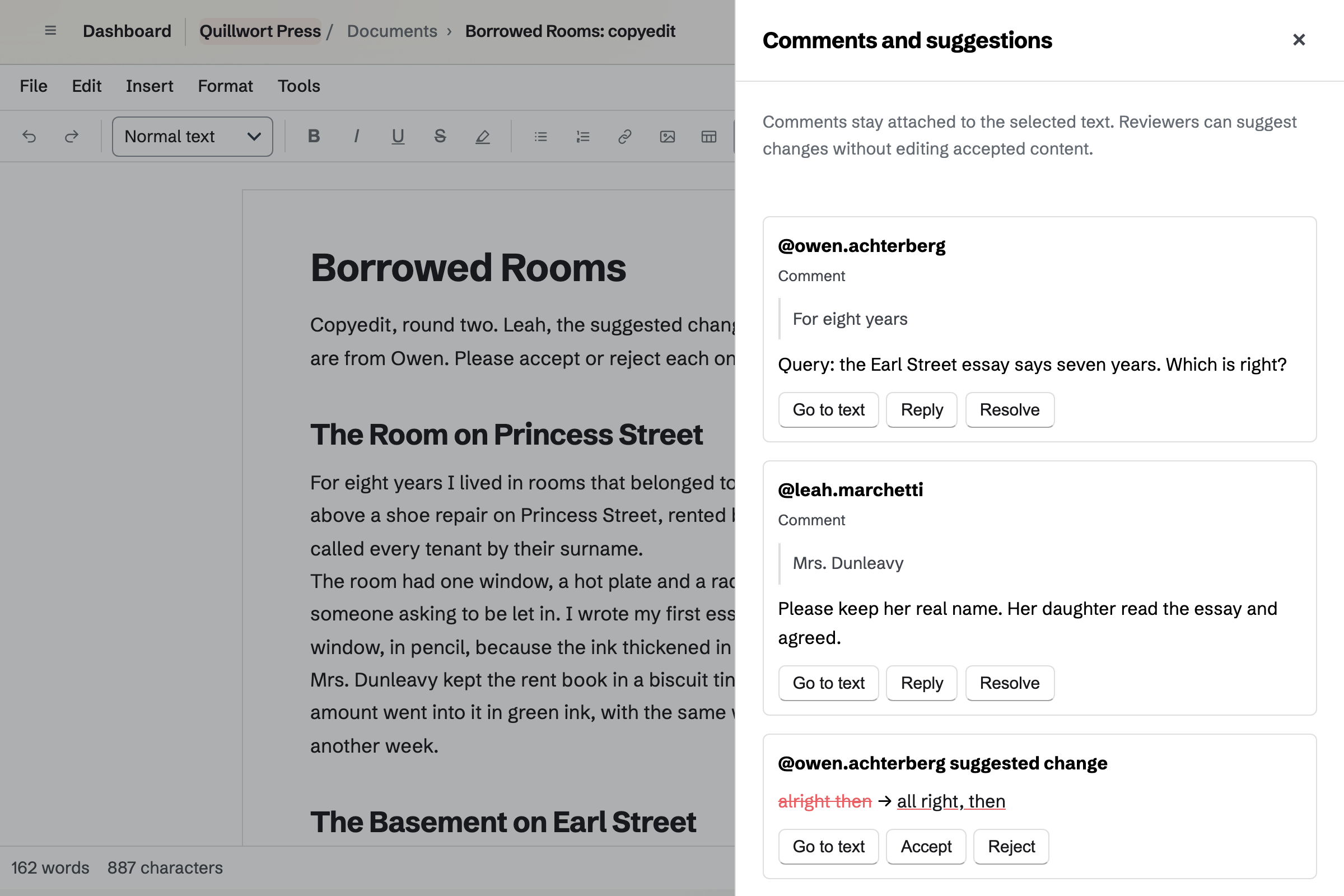 Borrowed Rooms in copyedit at Quillwort Press: the editor’s query and the author’s comment in the Comments and suggestions panel, then the editor’s suggested change to accept or reject.