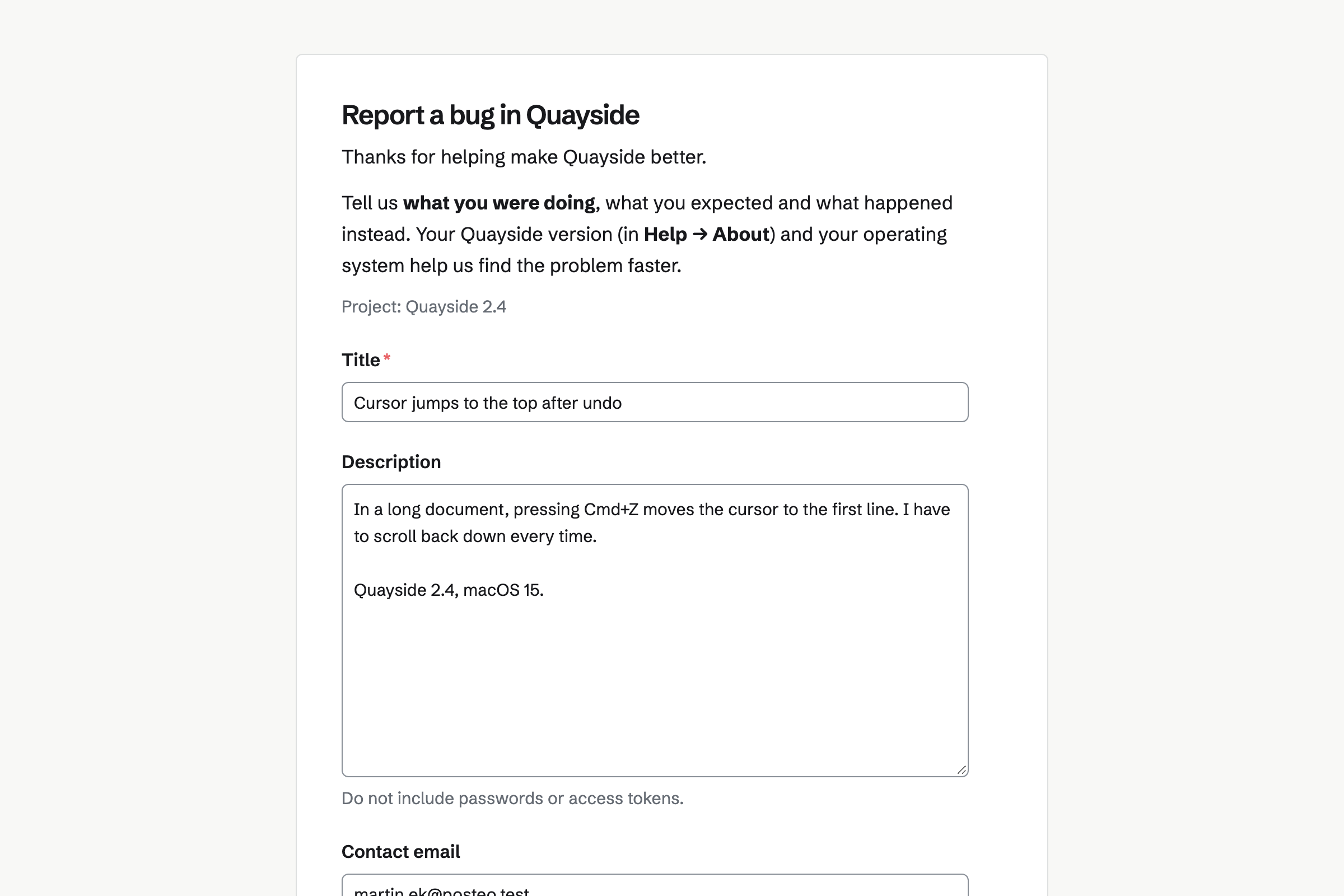 Quayside Software’s public bug form for the Quayside app, with its instructions and a filled-in report about the cursor jumping to the top after undo, sent to the Quayside 2.4 project.
