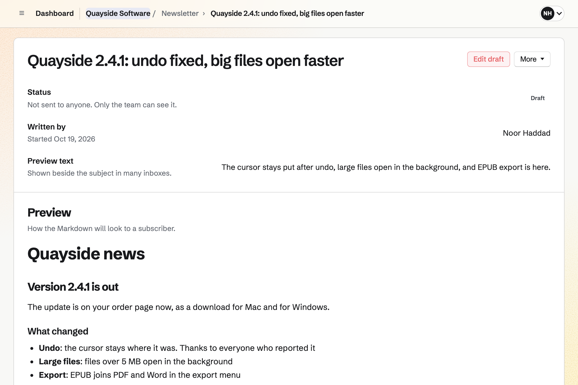 Quayside Software’s release newsletter in the preview: its subject, preview text and the notes for version 2.4.1, with the undo fix, faster opening of large files and EPUB export.