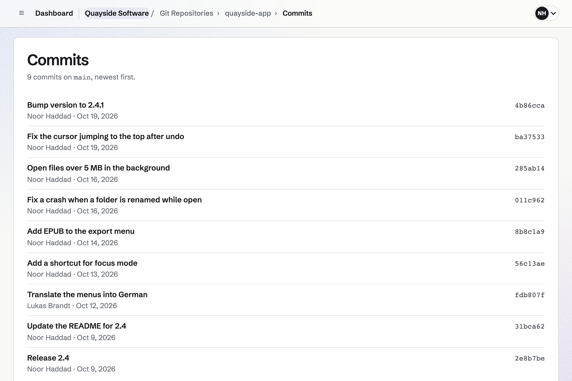 The history of Quayside Software’s quayside-app repository: nine commits on main, newest first, each with its message, author, date and short ID, from version 2.4.1 back to the 2.4 release.