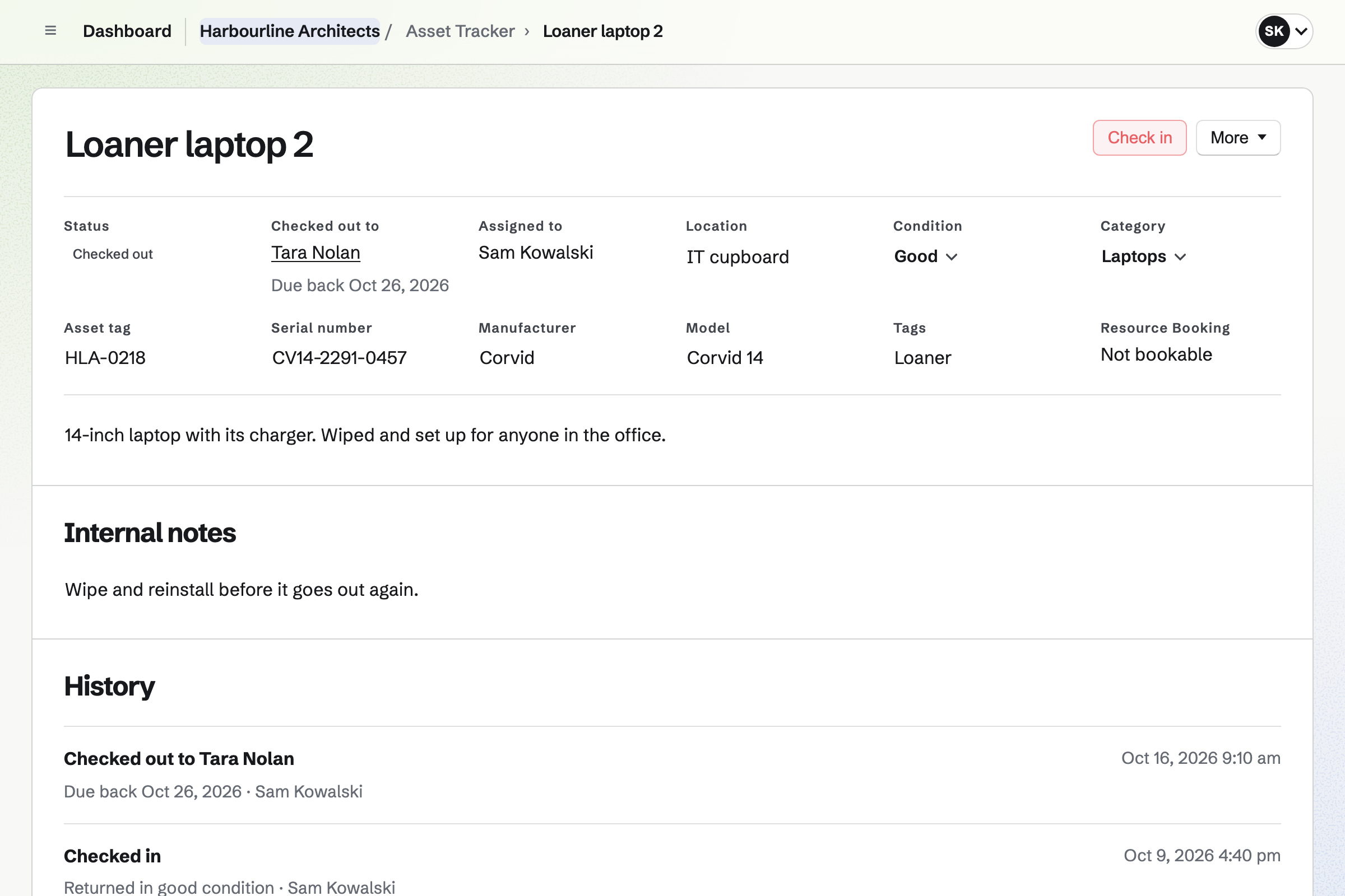 A loaner laptop in Harbourline Architects’ Asset Tracker: checked out to Tara Nolan and due back on 26 October, with its tag, serial number, model, location, condition and category, then its notes and history.