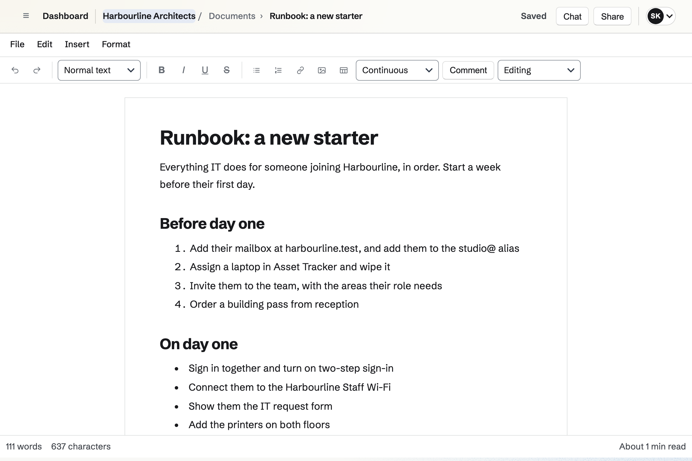 Harbourline Architects’ runbook for a new starter in the Documents editor: what to do before day one and on day one, as numbered steps and a checklist.