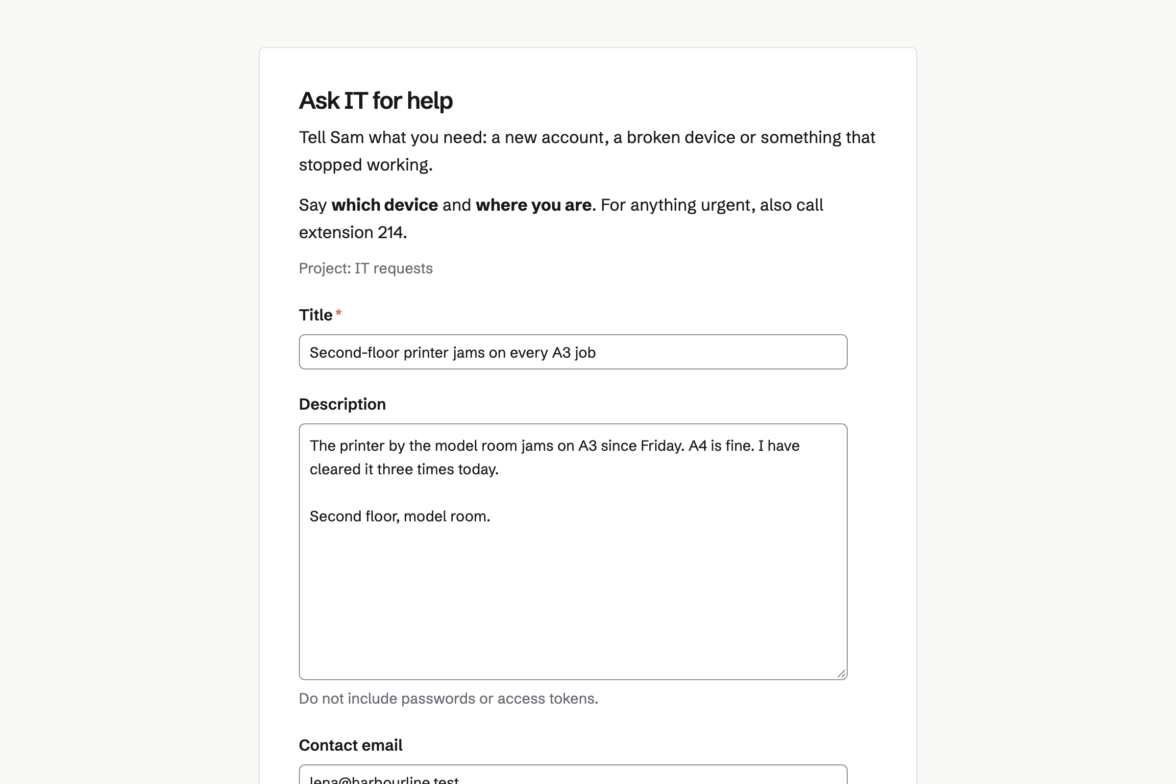 Harbourline Architects’ IT request form, with its instructions and a filled-in request about the second-floor printer, sent to the IT requests project.