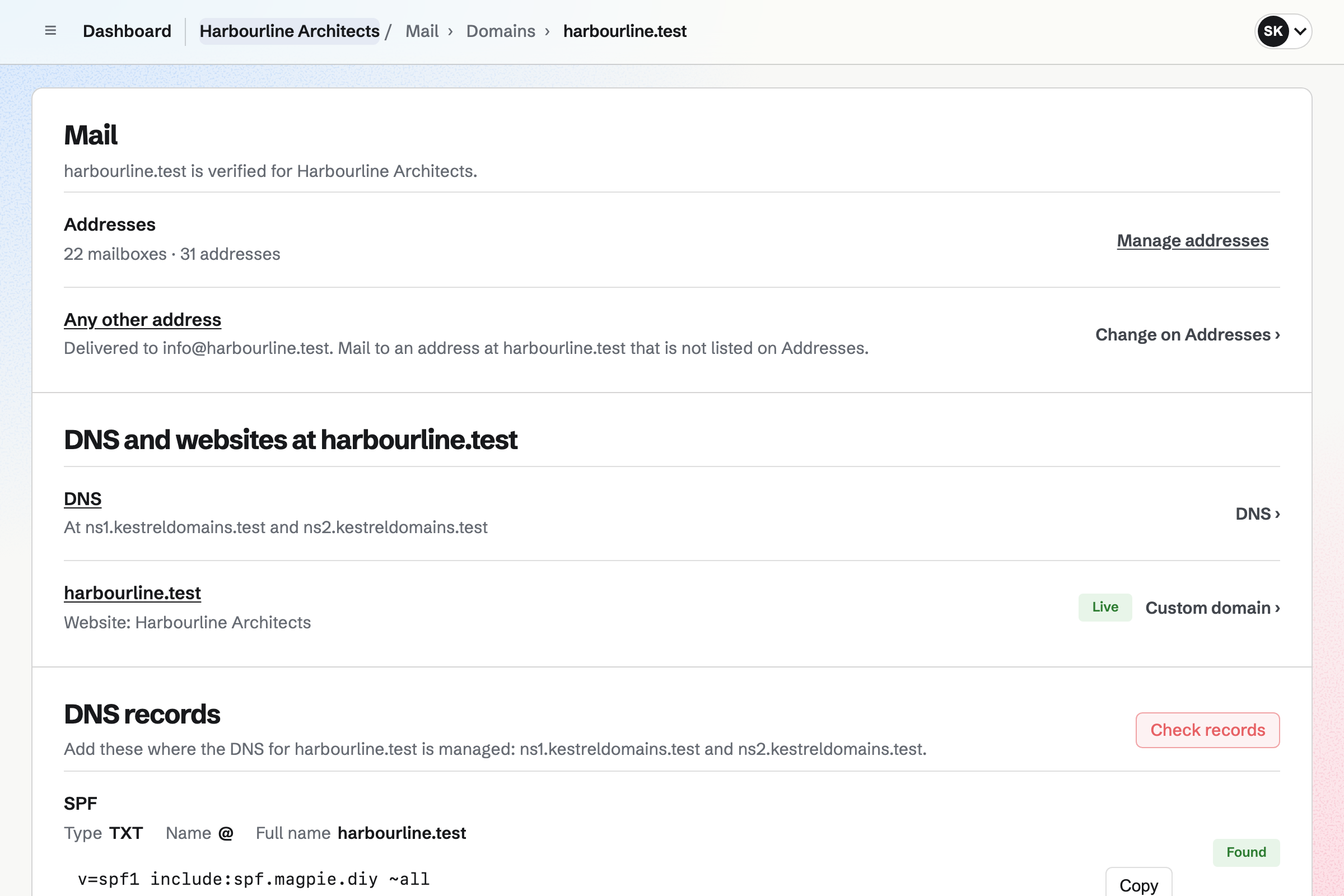 Harbourline Architects’ domain harbourline.test in Mail: verified, with 22 mailboxes and 31 addresses, a catch-all delivering to info@, its DNS provider, and the website live at the domain.