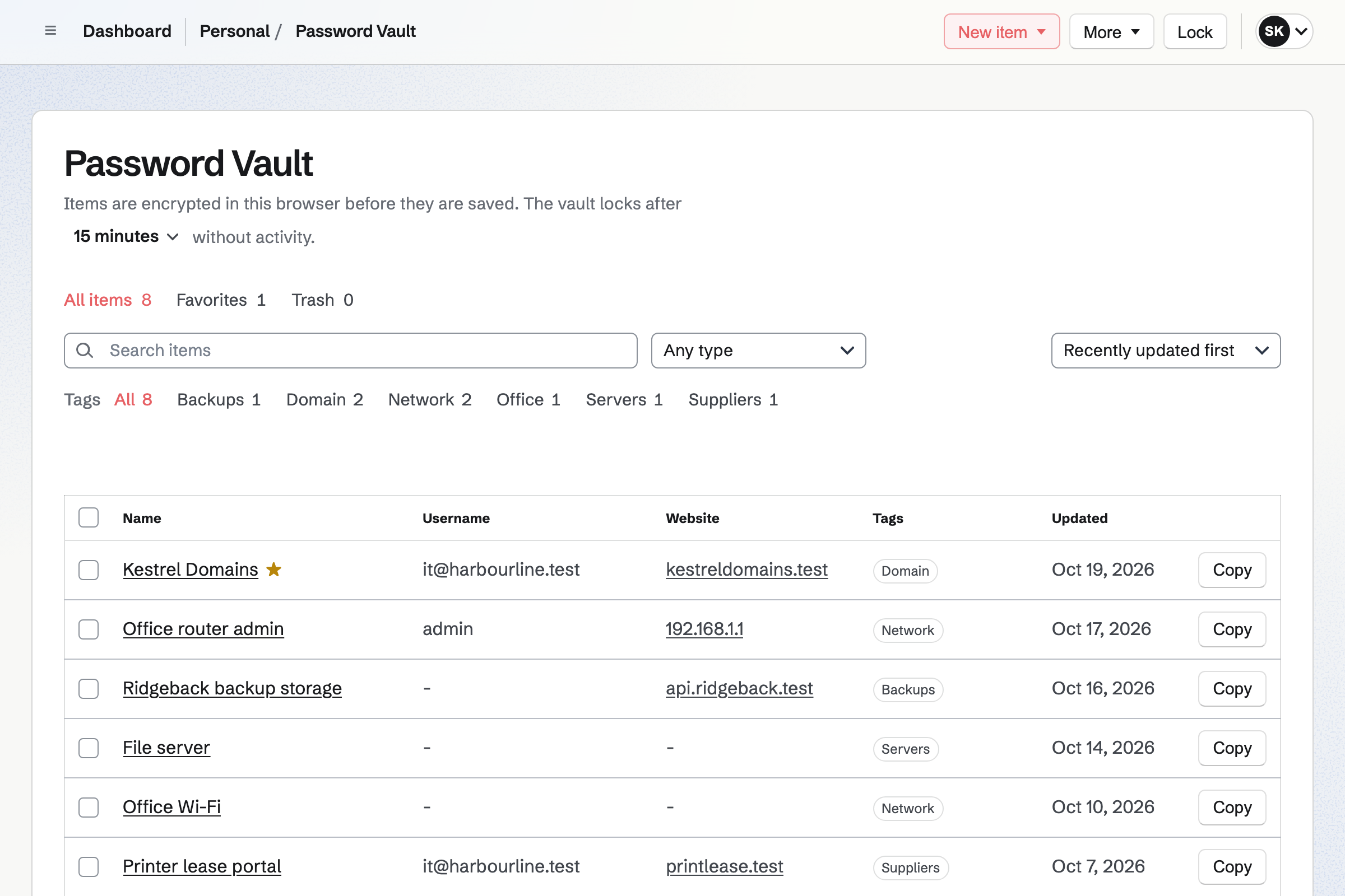 Sam Kowalski’s Password Vault: the domain registrar, the office router, backup storage credentials, the file server’s SSH key, the office Wi-Fi and the printer lease portal, each with its tags.