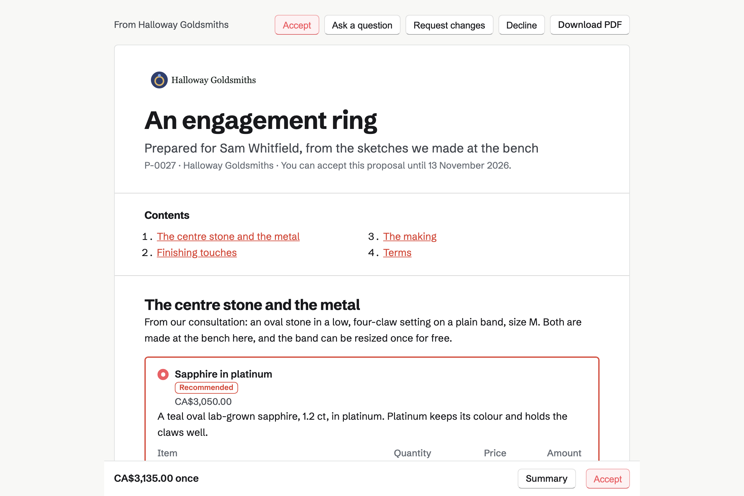 Sam Whitfield’s proposal page from Halloway Goldsmiths: the cover, the centre stone as two packages to choose from, an engraving and a matching band as add-ons, and the total in a bar at the foot of the screen.