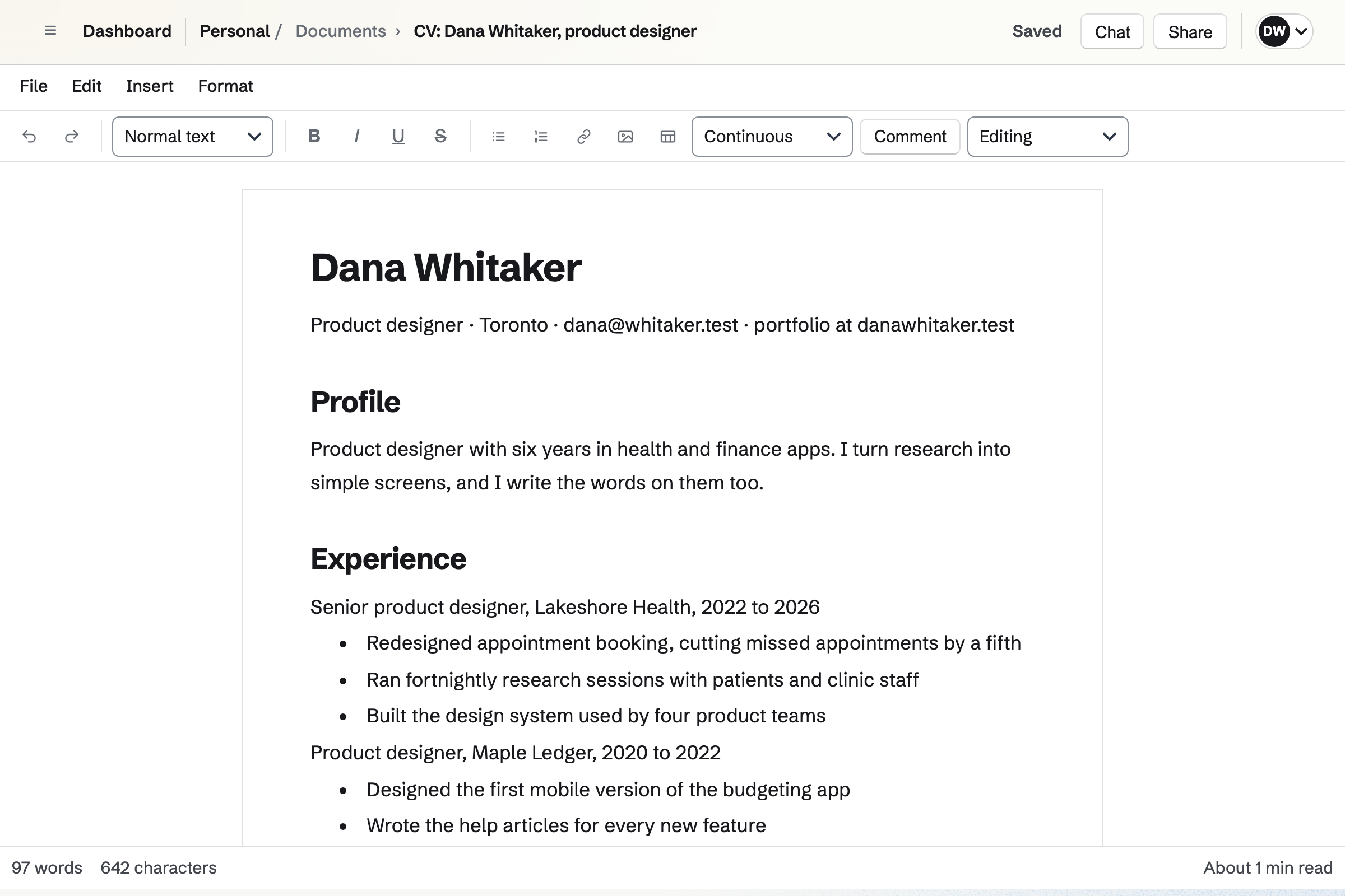 Dana’s CV open in Documents: her name and contact line, a short profile, and her most recent job with what she did there.