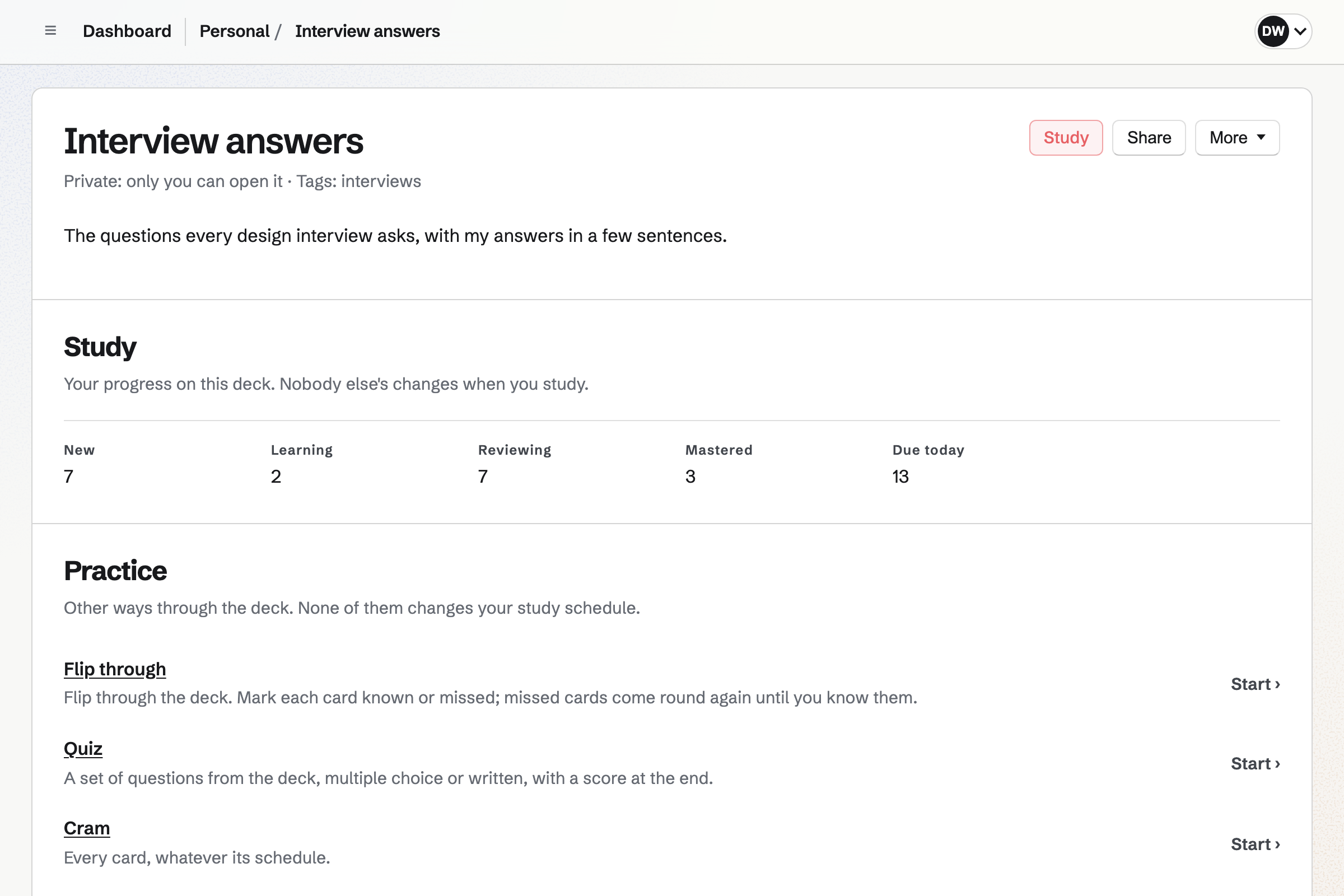 Dana’s interview practice deck in Flashcards: its description, her study progress with cards due today, and the ways to practise it: study, flip through, a quiz or cram.