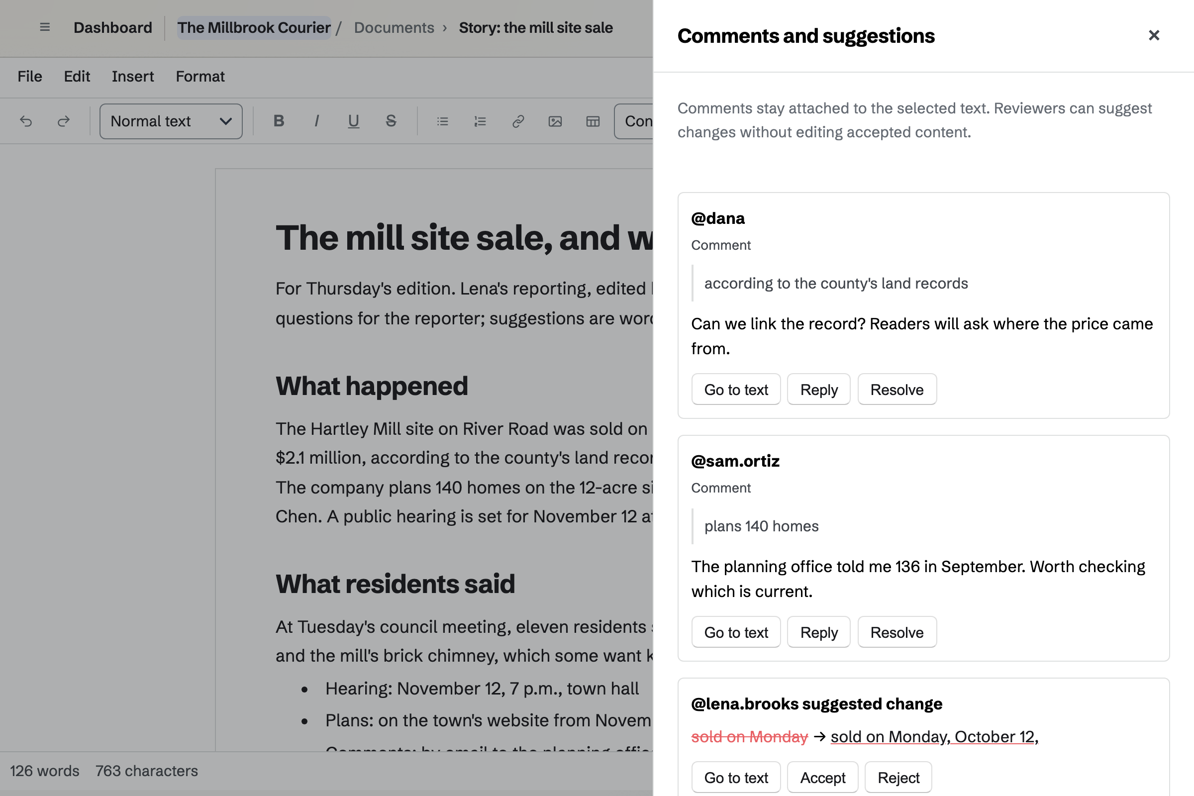 The Millbrook Courier’s story on the mill site sale under review: its Comments and suggestions panel lists questions from the editor and a reporter, then the freelance reporter’s suggested wording.