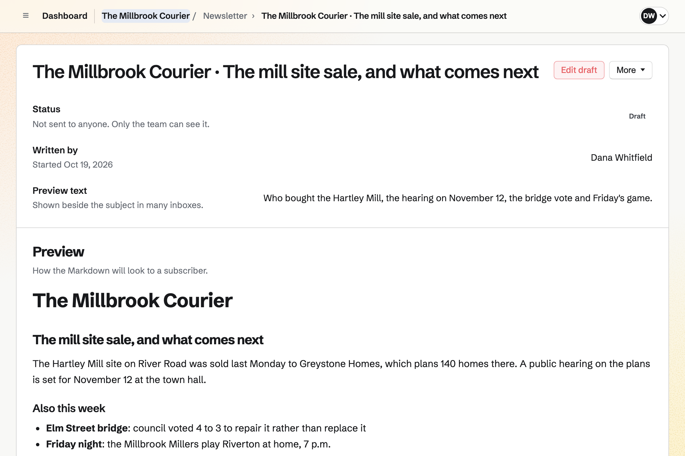 The Millbrook Courier’s Thursday edition in the newsletter preview: its subject, preview text and the lead story about the mill site sale, with the week’s other news.