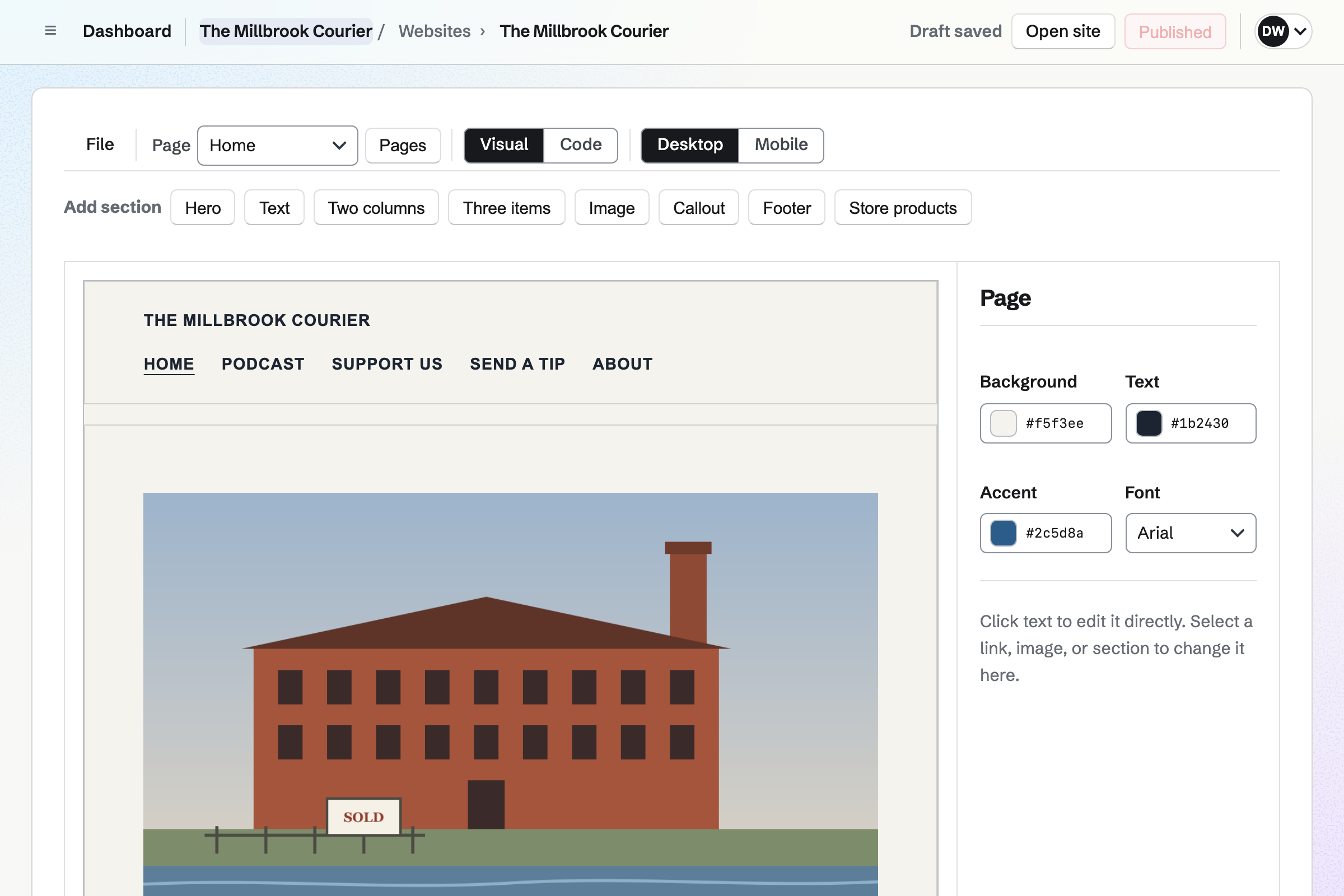 The Millbrook Courier’s website open in the Websites editor in Visual mode: the Home page with a picture of the old mill under the site’s header, the sections to add, and the Page inspector with the site’s colours.