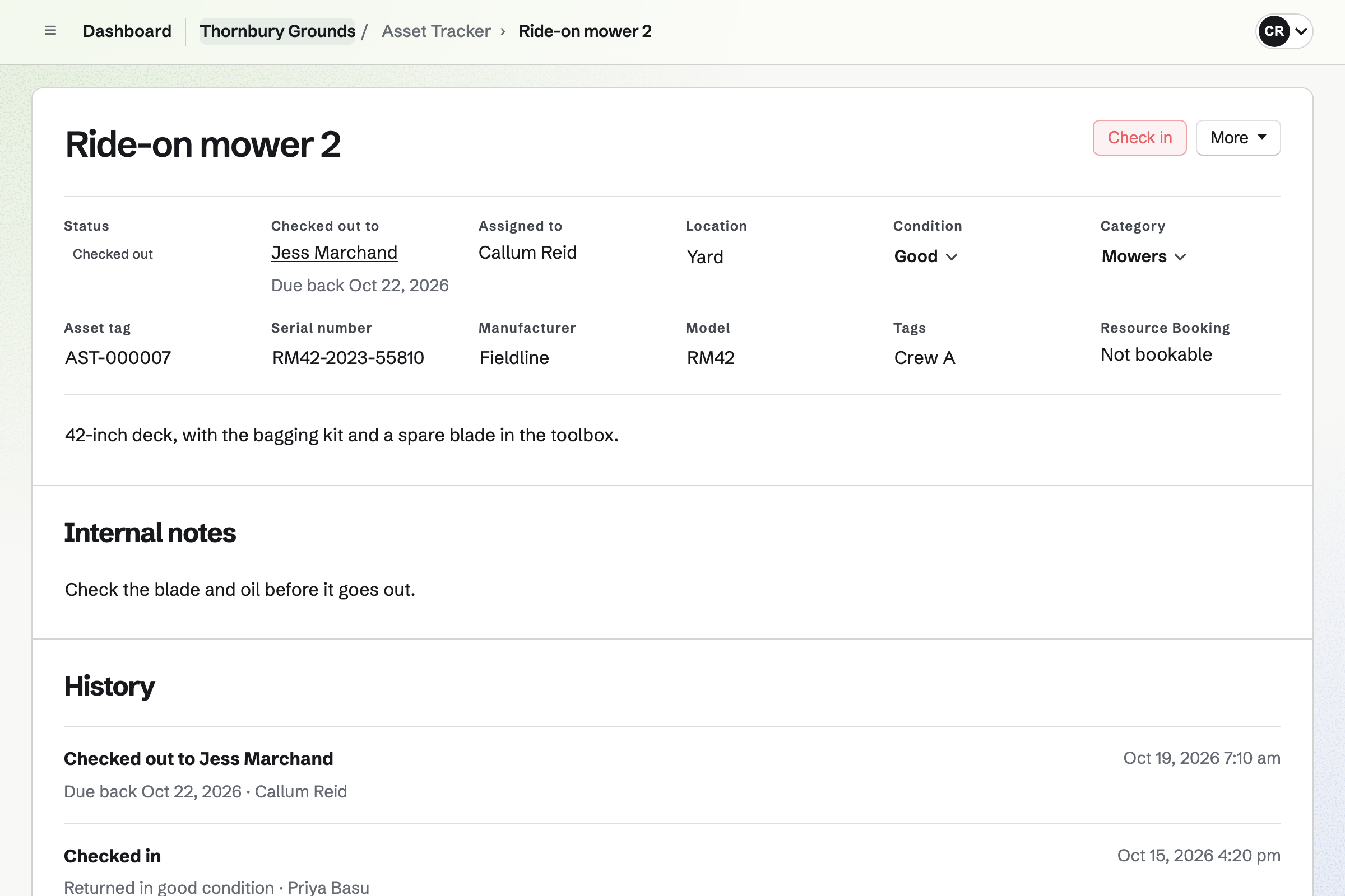 Thornbury Grounds’ ride-on mower in Asset Tracker: checked out to Jess Marchand and due back in 3 days, with its details and history of checkouts.