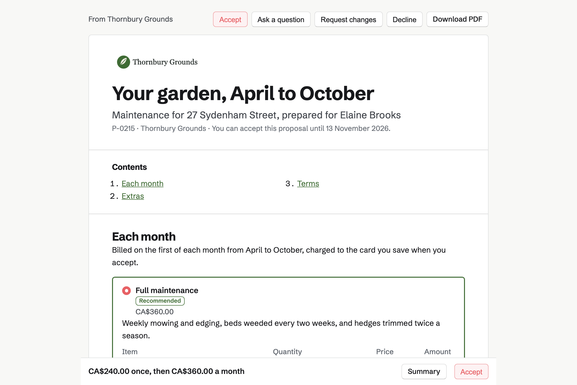 A season maintenance proposal from Thornbury Grounds for Elaine Brooks, with the cover, the list of contents, the recommended full maintenance package chosen and the monthly total in a bar at the foot of the screen.