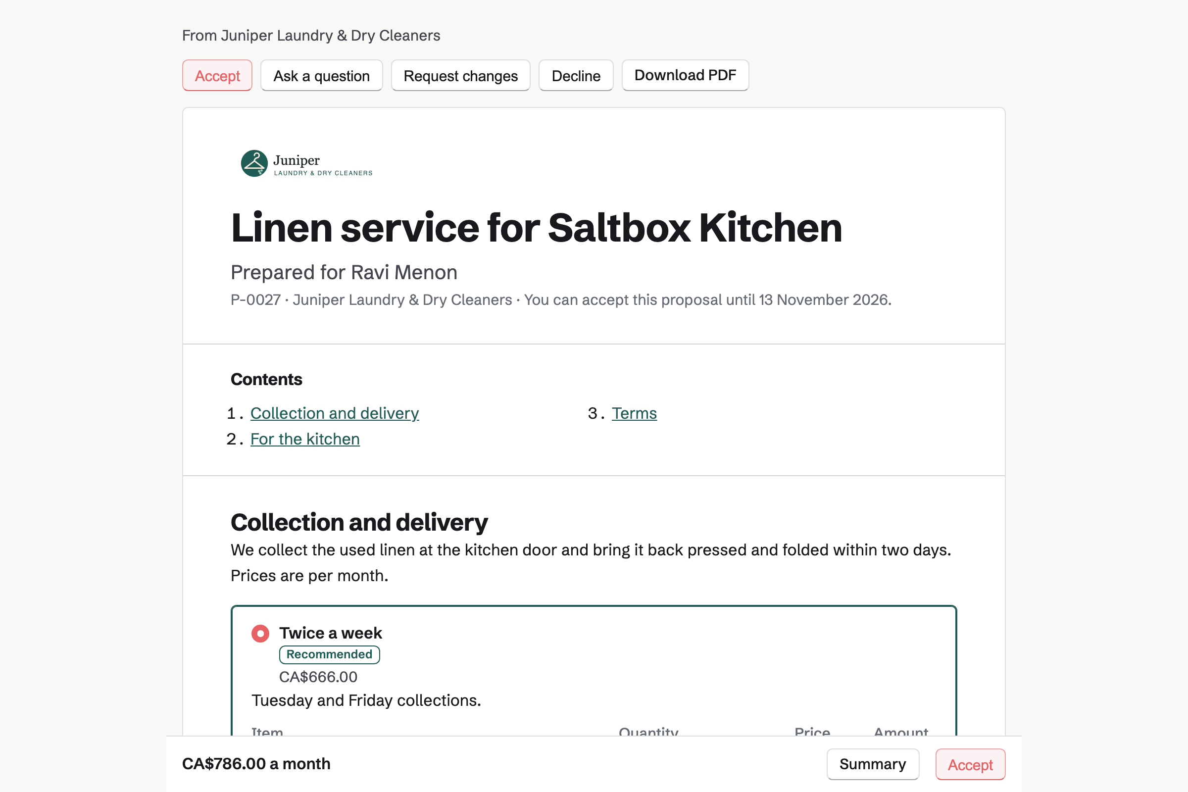 A table linen proposal from Juniper Laundry & Dry Cleaners for Saltbox Kitchen, with the cover, the contents, the recommended twice-a-week package and the monthly total in a bar at the foot of the screen.