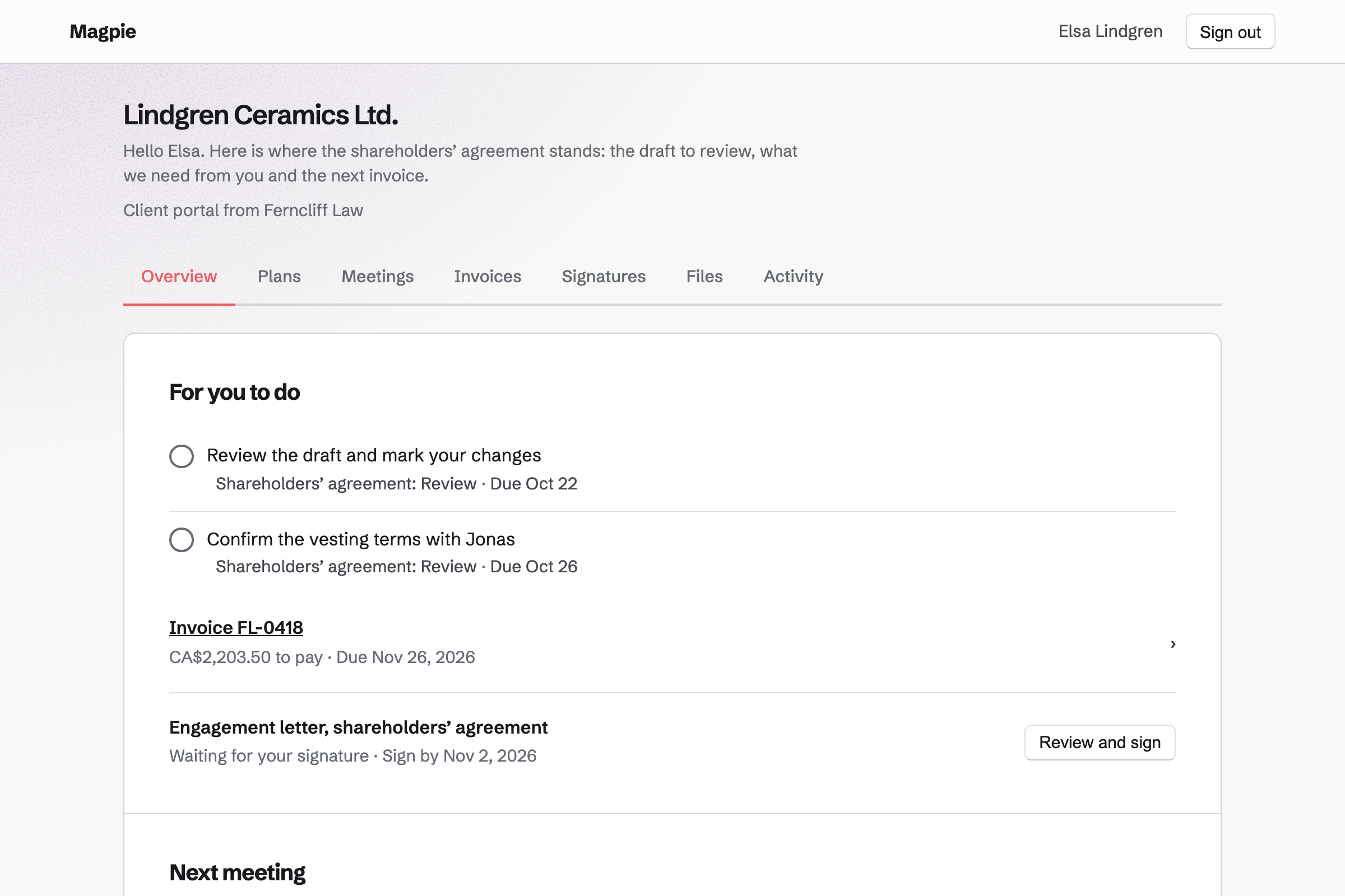 Lindgren Ceramics’ portal from Ferncliff Law: under For you to do, reviewing the draft and confirming the vesting terms, with invoice FL-0418 and the engagement letter to sign.