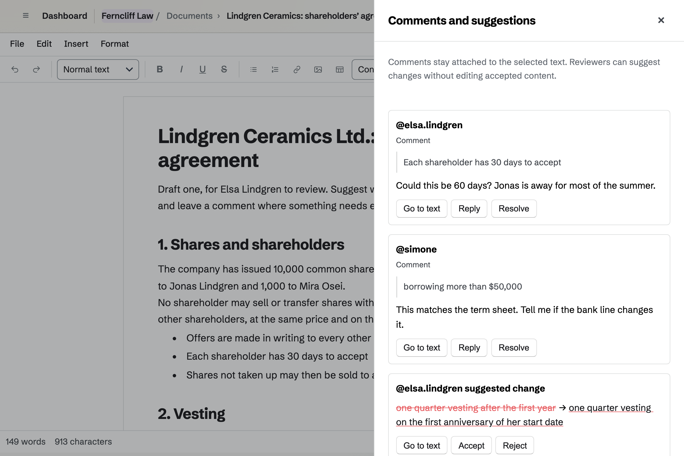 A draft shareholders’ agreement for Lindgren Ceramics in review at Ferncliff Law, with the client’s comments and suggested changes beside the text.