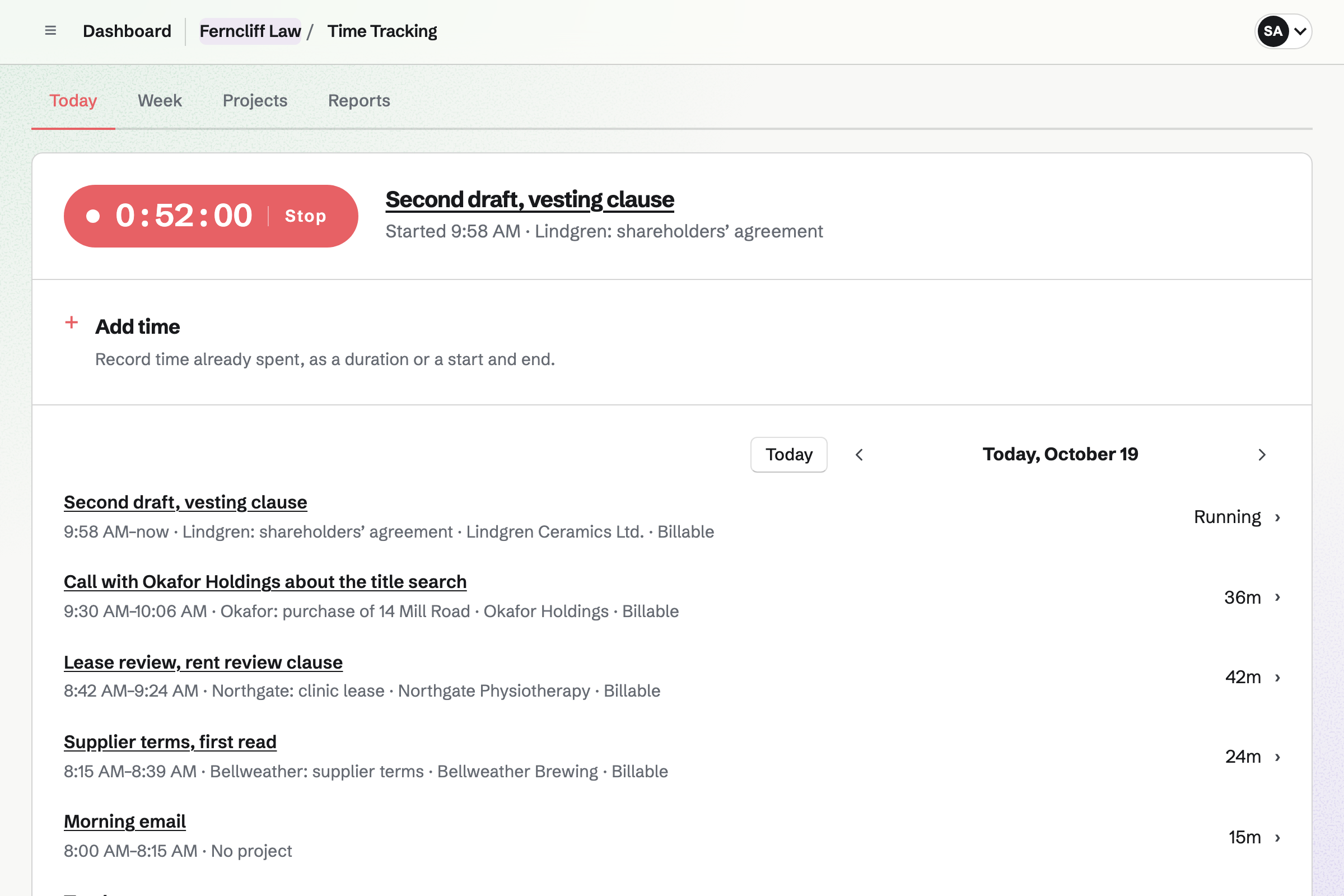 Ferncliff Law’s Time Tracking: a timer running on the Lindgren Ceramics shareholders’ agreement, and the morning’s entries on other matters, each billable.