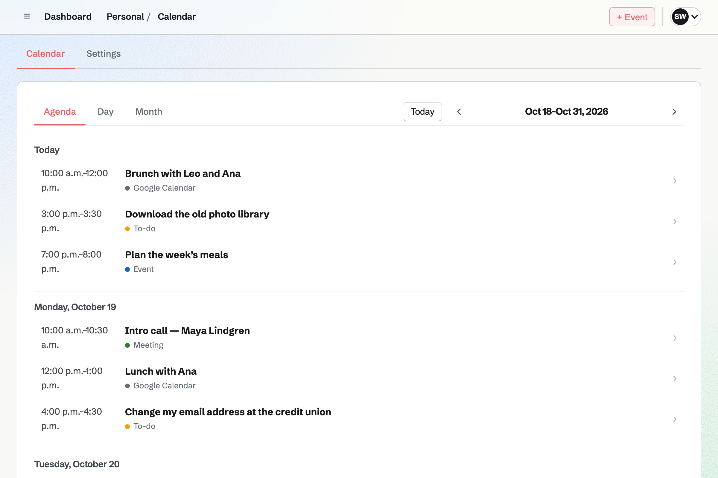 Sam Whitaker’s Personal Calendar in Agenda view with Google Calendar connected: Google events such as brunch and lunch with friends between Sam’s own events, To-dos and booked meetings.