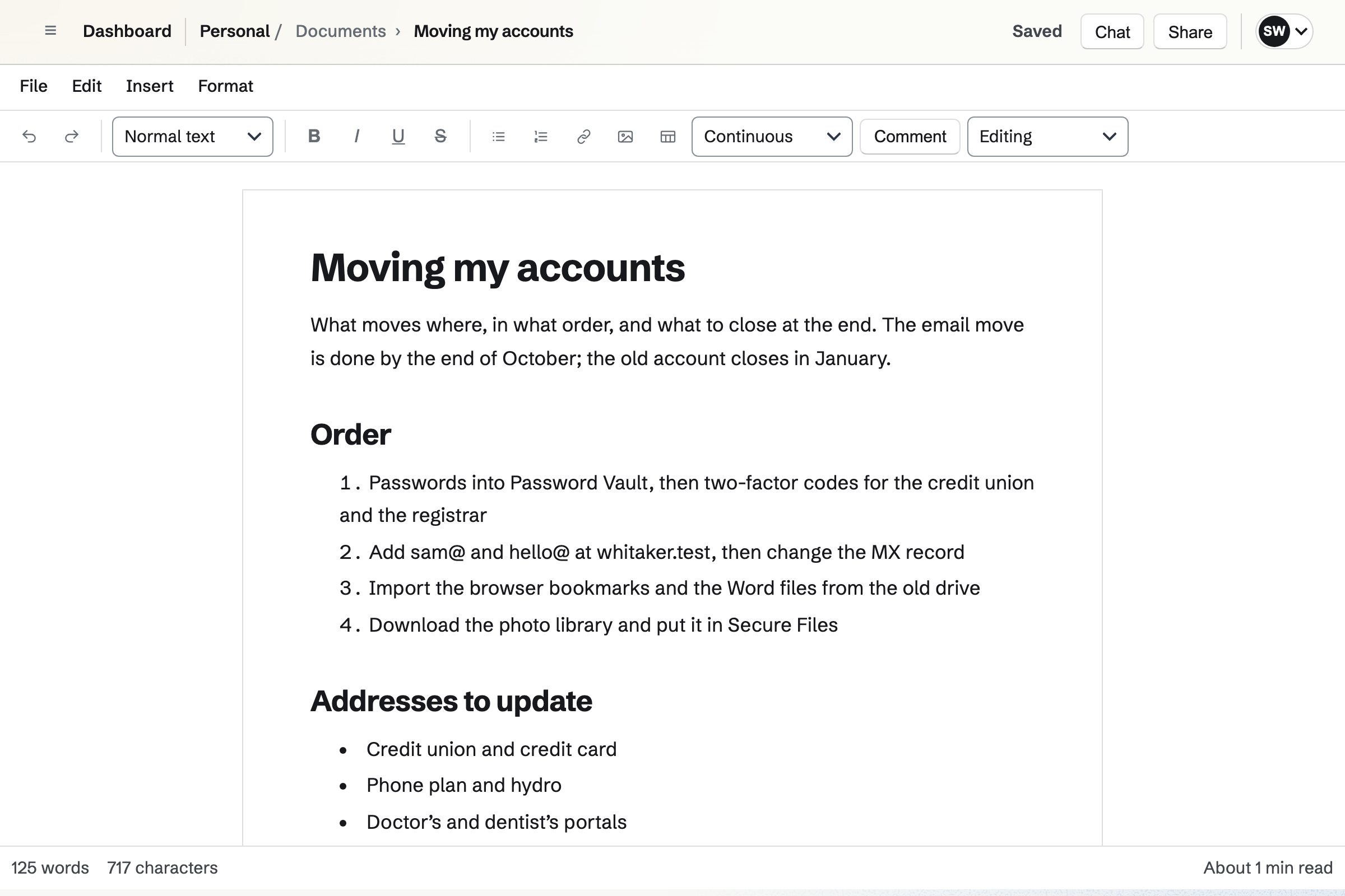 Sam Whitaker’s Moving my accounts document open in the Documents editor, in Personal: the order to move passwords, email, bookmarks and Word files, and photos, then the accounts whose email address needs updating.