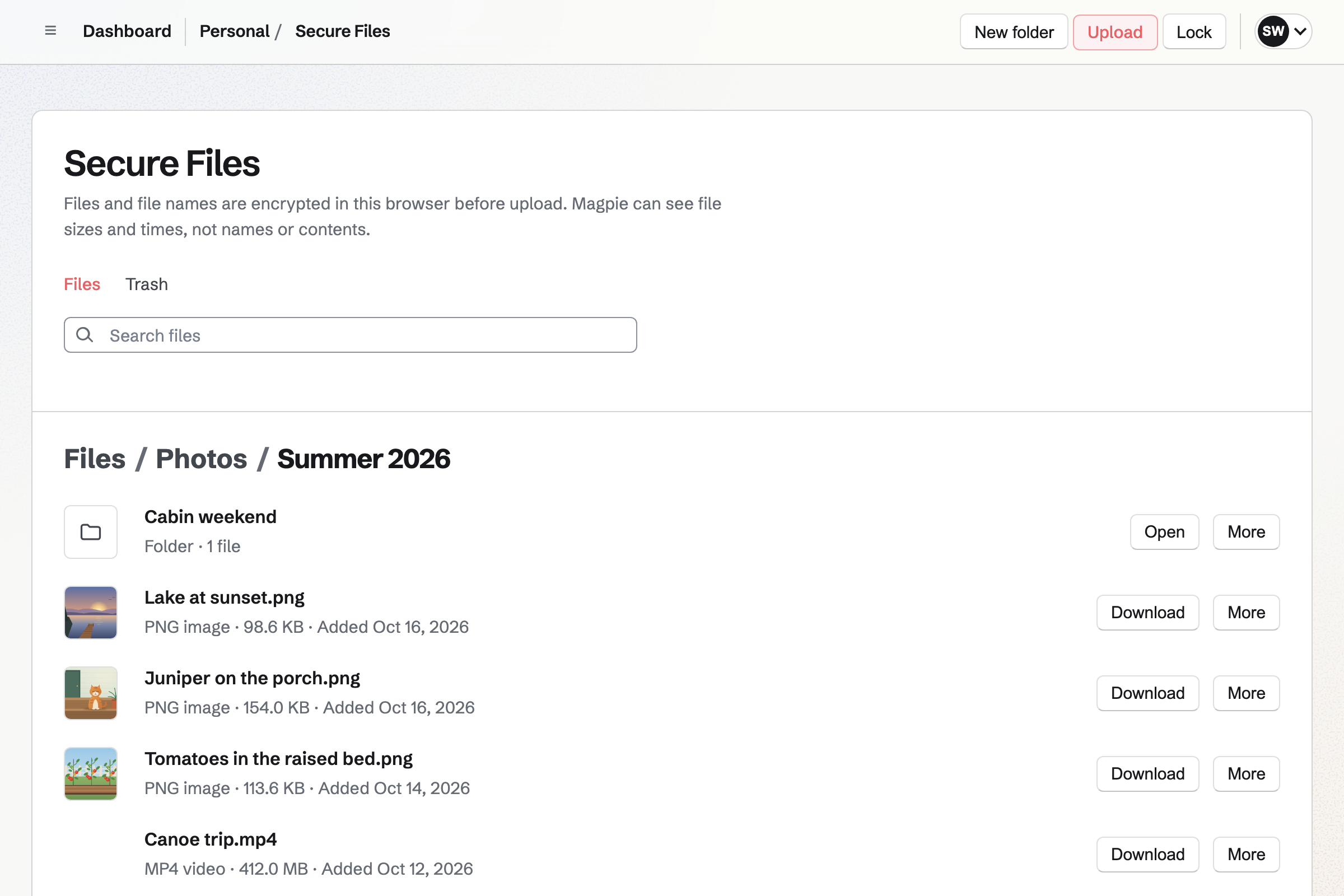 Sam Whitaker’s Secure Files open in the Photos / Summer 2026 folder: a Cabin weekend folder, previews of three photos, and a video, each with its type, size and the date it was added.