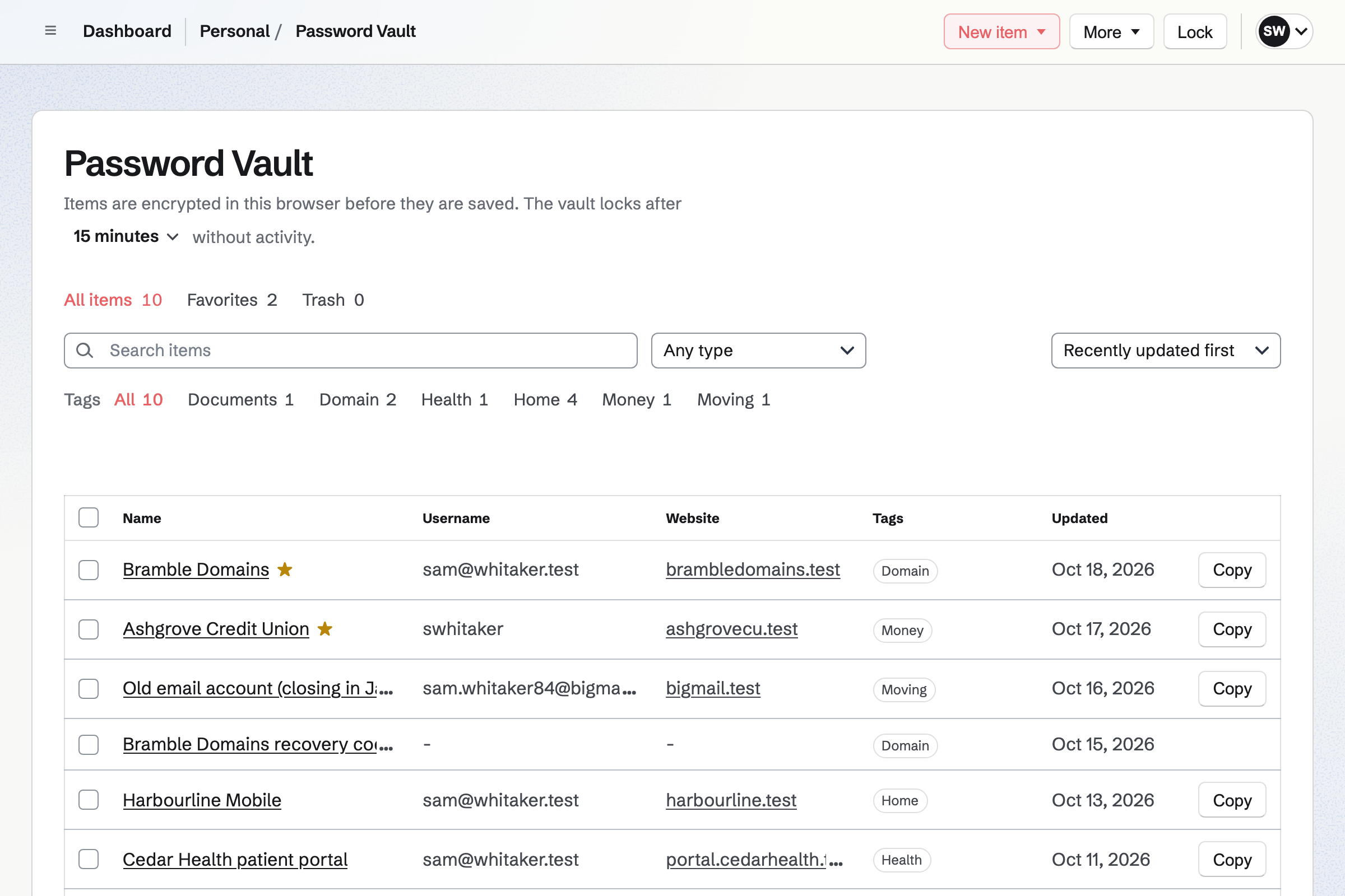 Sam Whitaker’s Password Vault, unlocked in Personal: logins for the domain registrar, the credit union and an old email account being closed, recovery codes and other items, each with its username, website, tag and the date it was updated.