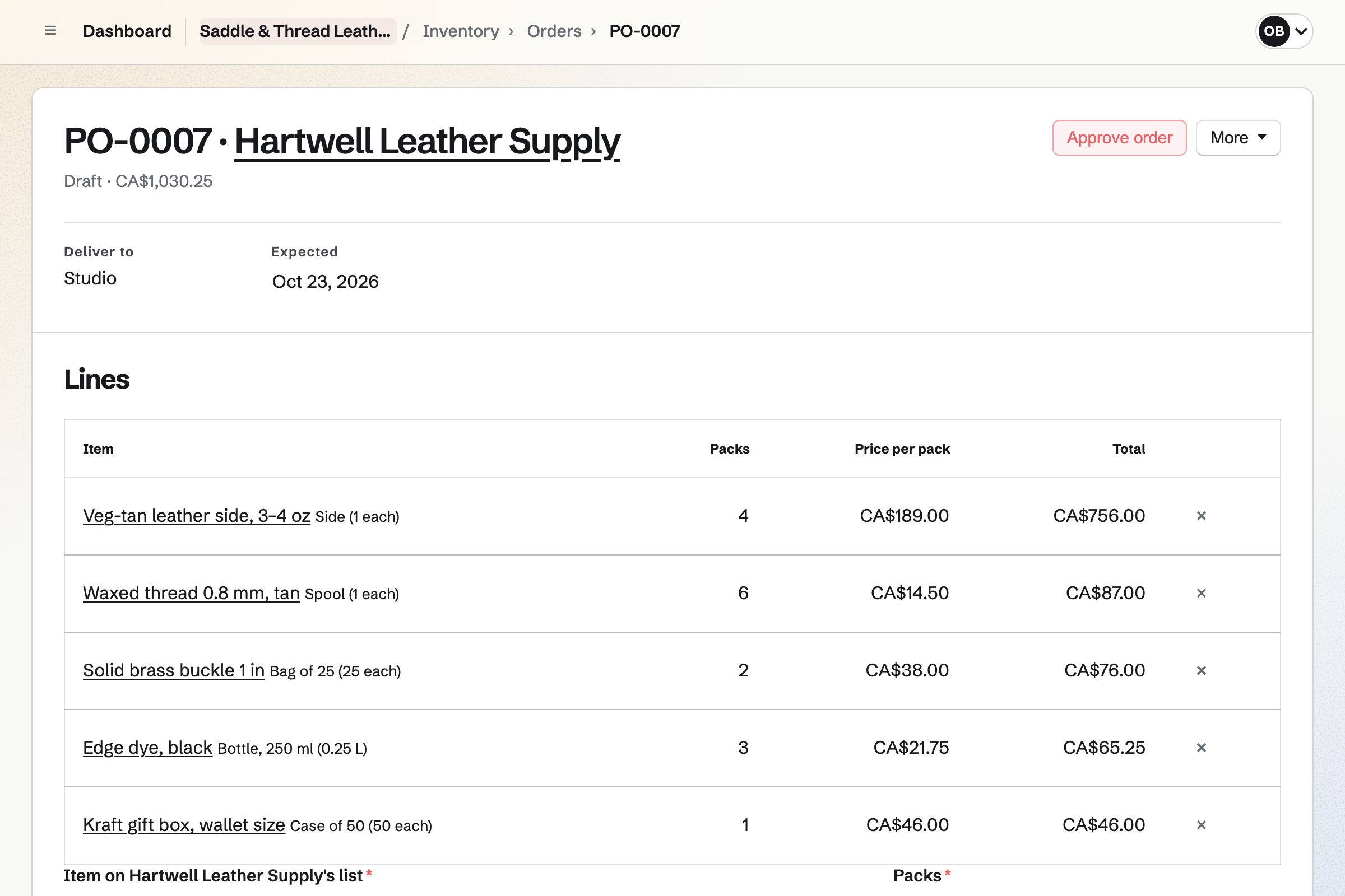 A draft purchase order from Saddle & Thread Leatherworks to Hartwell Leather Supply: veg-tan leather sides, waxed thread, brass buckles, edge dye and gift boxes, each with its packs and price, delivered to the studio.
