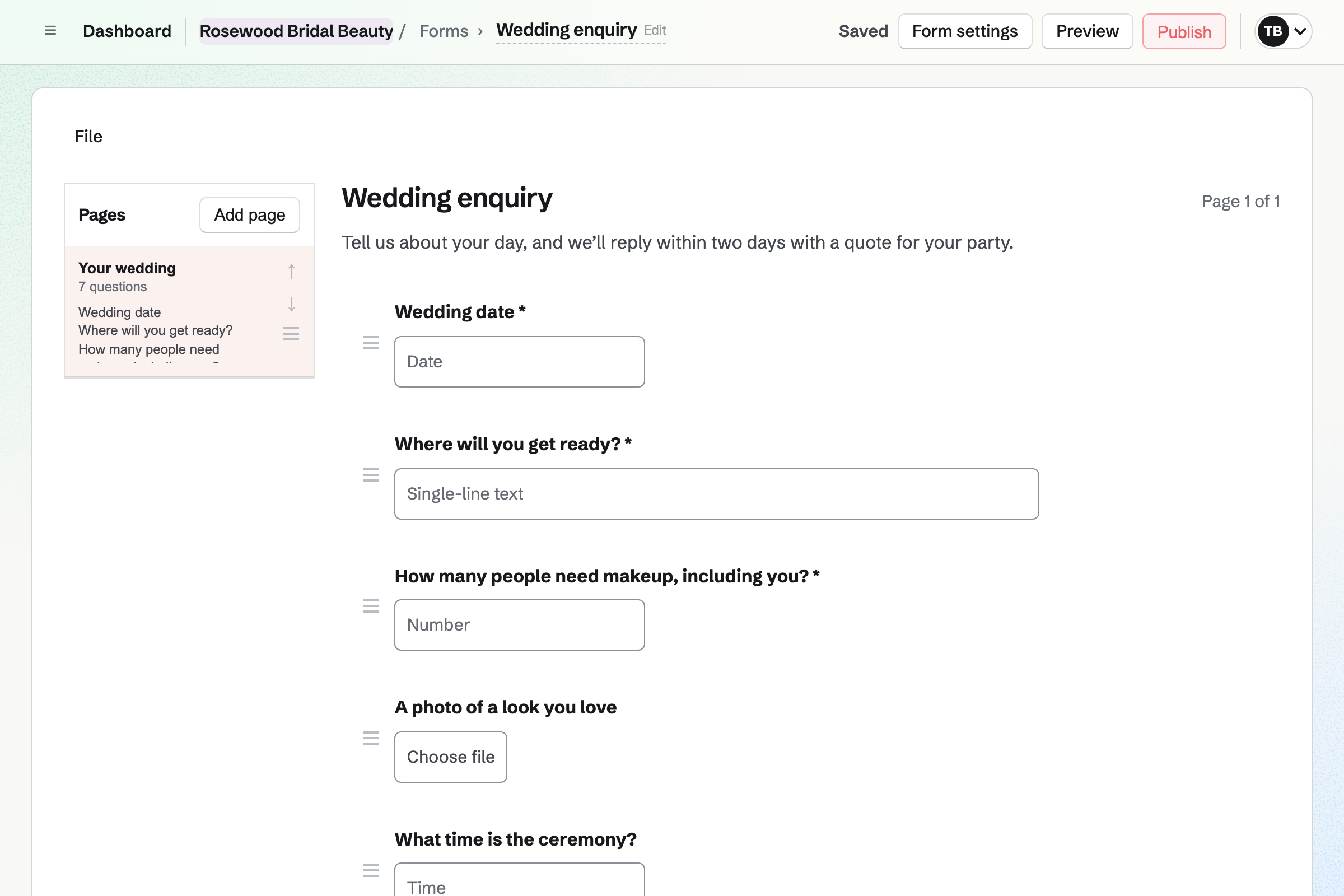 Rosewood Bridal Beauty’s wedding enquiry Form in the Form builder: the wedding date, the getting-ready address, how many need makeup and a photo of the look the bride loves.