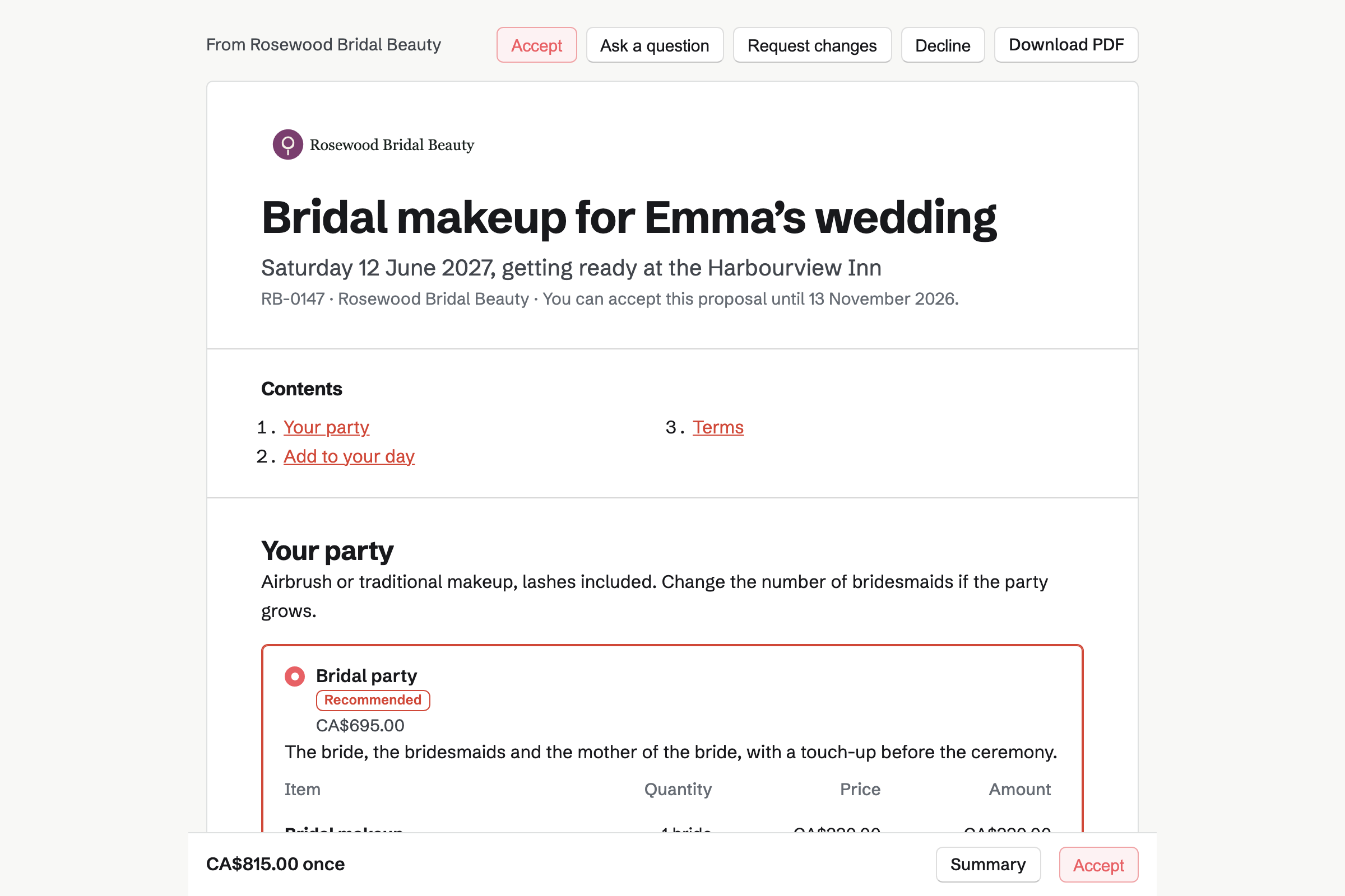 A bridal party proposal from Rosewood Bridal Beauty for Emma Clarke, with the cover, the list of contents, the bridal party package chosen and the total in a bar at the foot of the screen.